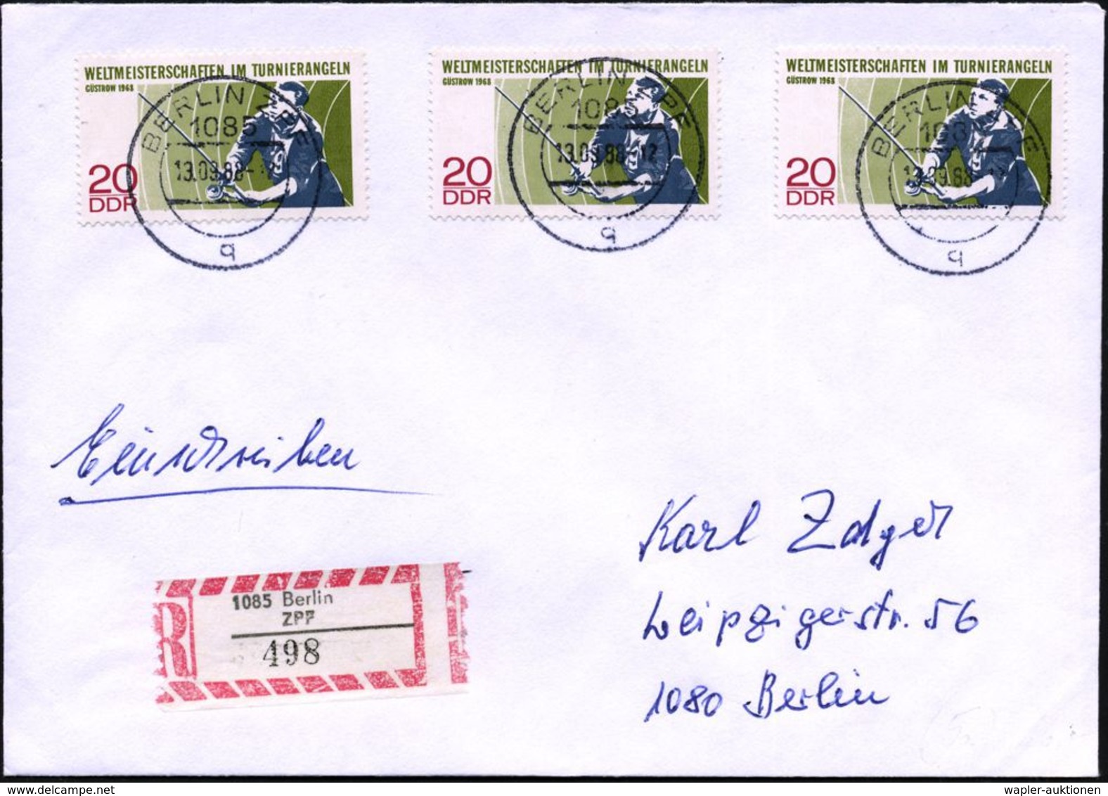 D.D.R. 1988 (13.10.) 20 Pf. "WM Im Turnierangeln", Reine MeF: 3 Stück , Klar Einzeln Gest. (1085 Berlin) + RZ: 1085 Berl - Autres & Non Classés