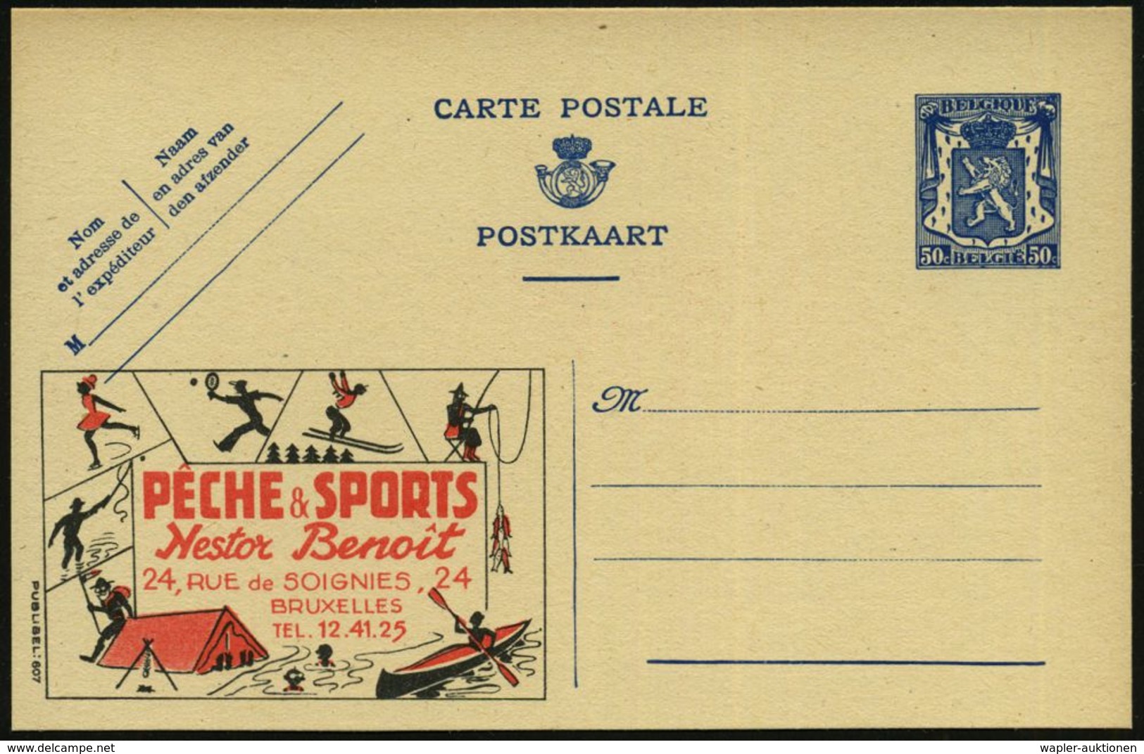 BELGIEN 1941 50 C. Reklame-P Löwe, Blau: PECHE & SPORTS/Nestor Beno&icirc;t.. = Angler 2x (u. Diverse, Andere Sportmotiv - Altri & Non Classificati