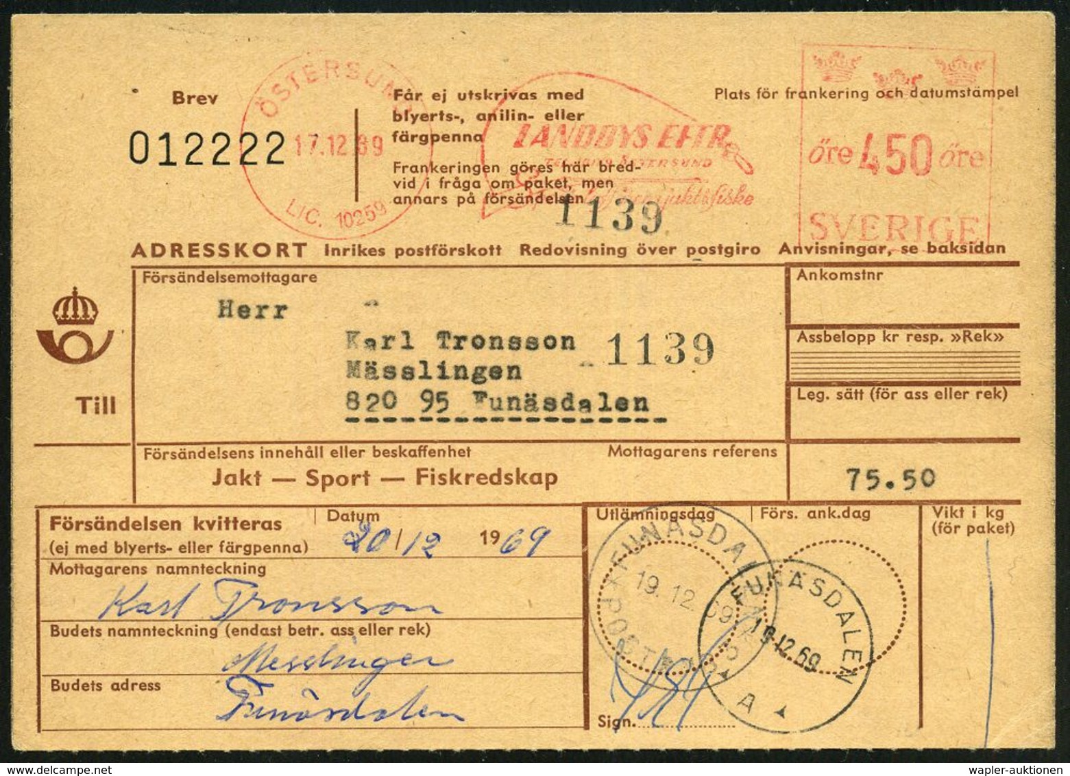 SCHWEDEN 1969 (17.12.) AFS: ÖSTERSUND/LIC.10259/LANDBYS EFTR.. = Angel (+ Jagdgewehr) = Jagd- U. Angel-Ausstatter, Inl.- - Sonstige & Ohne Zuordnung