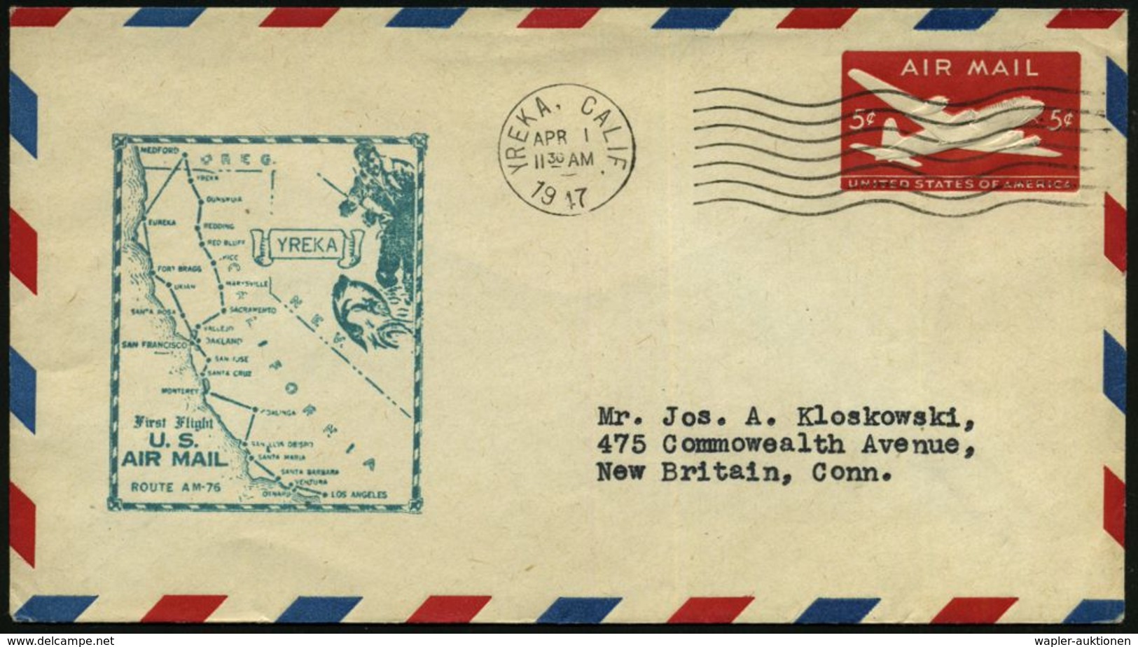 U.S.A. 1947 (1.4.) Erstflug-Bf.: First Flight ROUTE AM-76 YREKA - MEDFORD (rs. AS) + Grüner, Amtl. Flp.-HdN: YREKA =  A  - Altri & Non Classificati