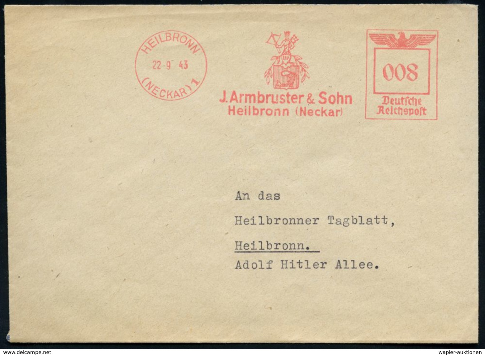 HEILBRONN/ (NECKAR)/ J.Armbruster & Sohn.. 1943 (22.9.) Seltener AFS = Wappenfigur Mit Armbrust , Klar Gest. Orts-Bf. (D - Bogenschiessen