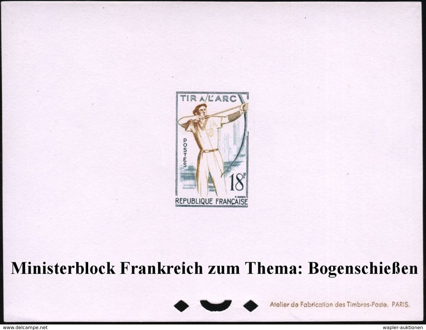 FRANKREICH 1958 18 F. Bogenschießen,  U N G E Z.  Ministerblock , Ungummiertes Kartonpapier, = "Epreuve De Luxe" + Druck - Boogschieten