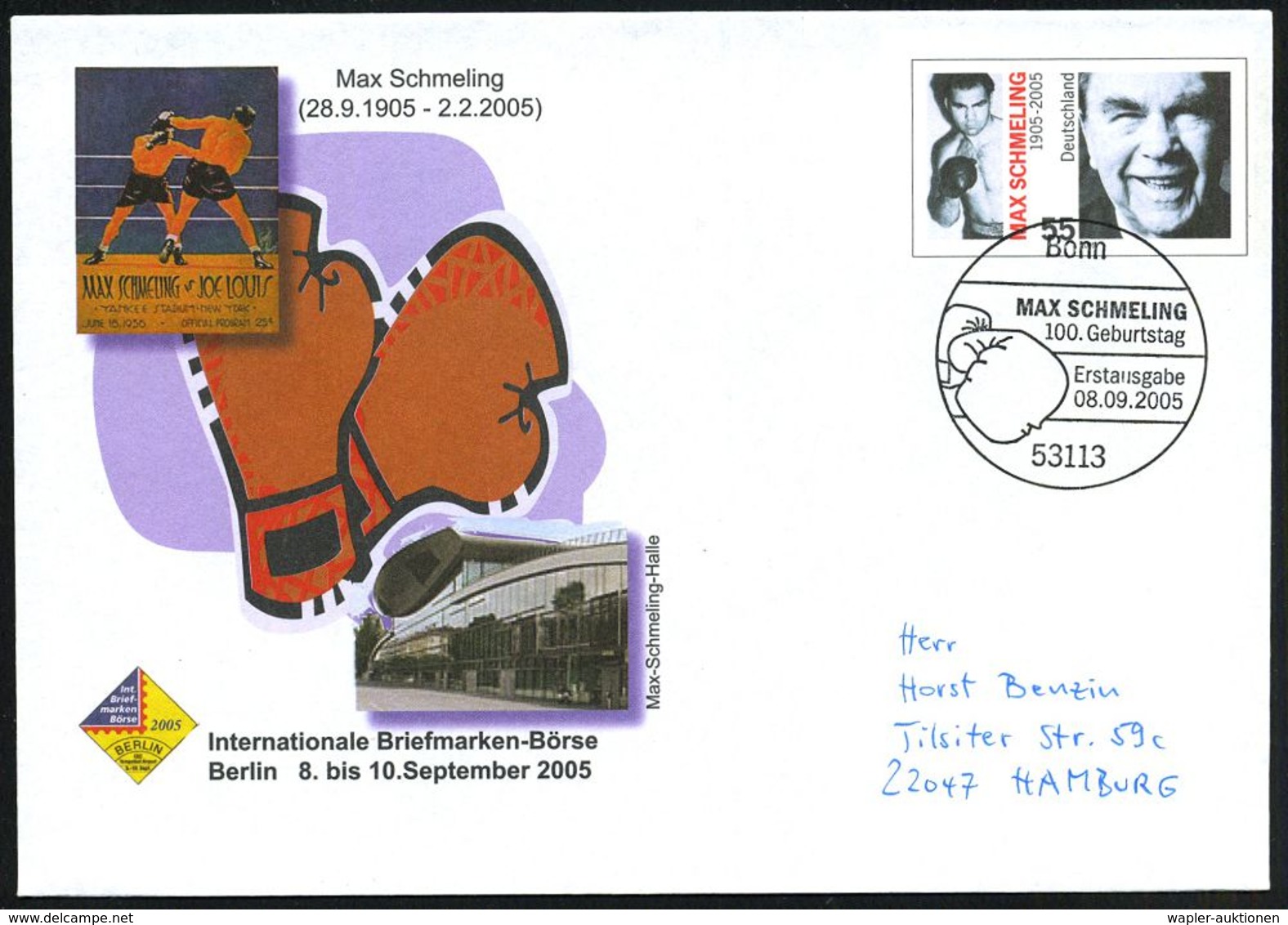 B.R.D. 2005 (8.9.) 55 C. Sonder-U. "100. Geburtstag Max Schmeling" Mit ET-SSt.: 10117 BERLIN Bzw. 53113 BONN (je Box-Han - Boxen