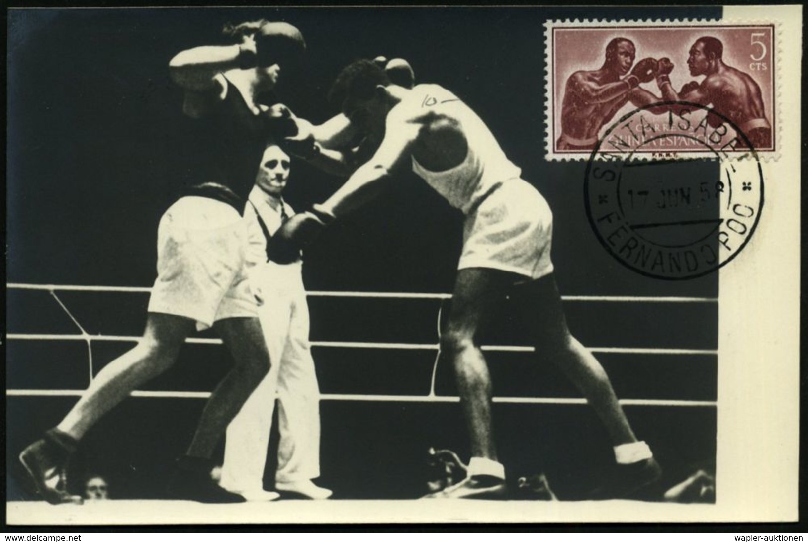 SPAN.GUINEA 1958 (17.6.) 5 C. Boxen , Klar Gest., Seltene Maximum-Kt.  (Mi.341) - - Boxeo