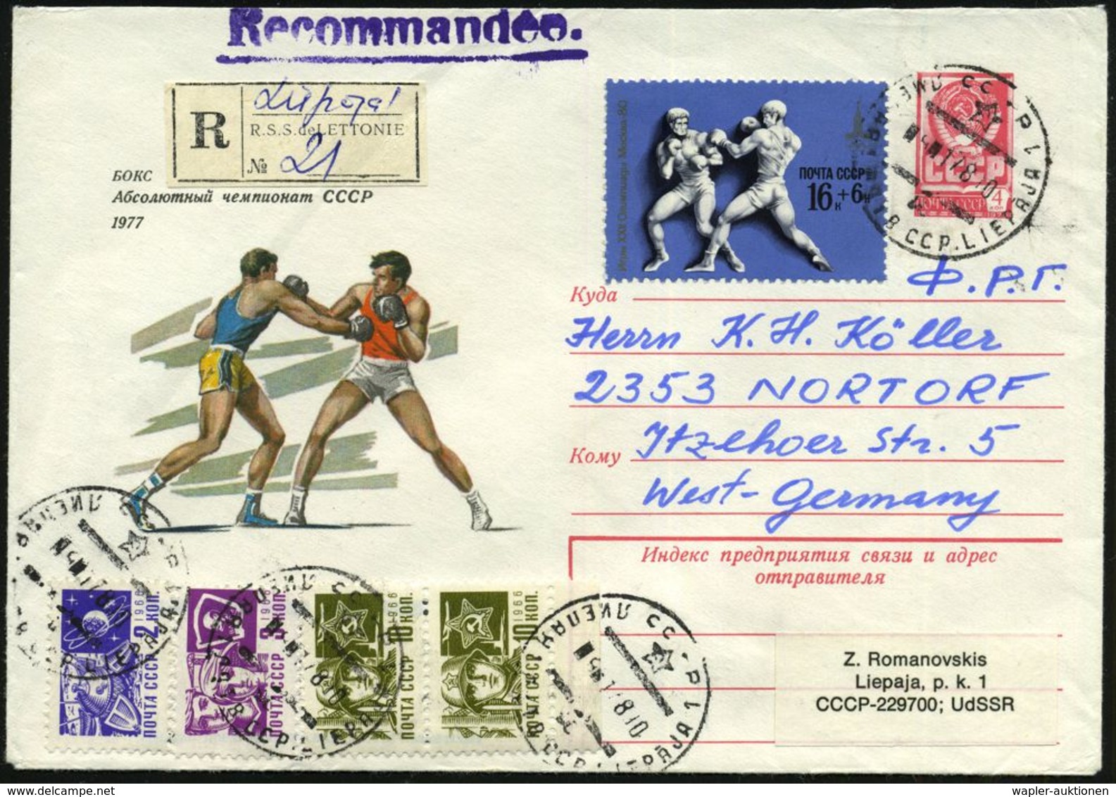 UdSSR 1978 4 Kop. U Staatswappen, Rosa: Nationale Box-Meisterschaften (2 Boxer) + Motivgl. Zusatzfrankatur Boxen 16 Kop. - Boxe