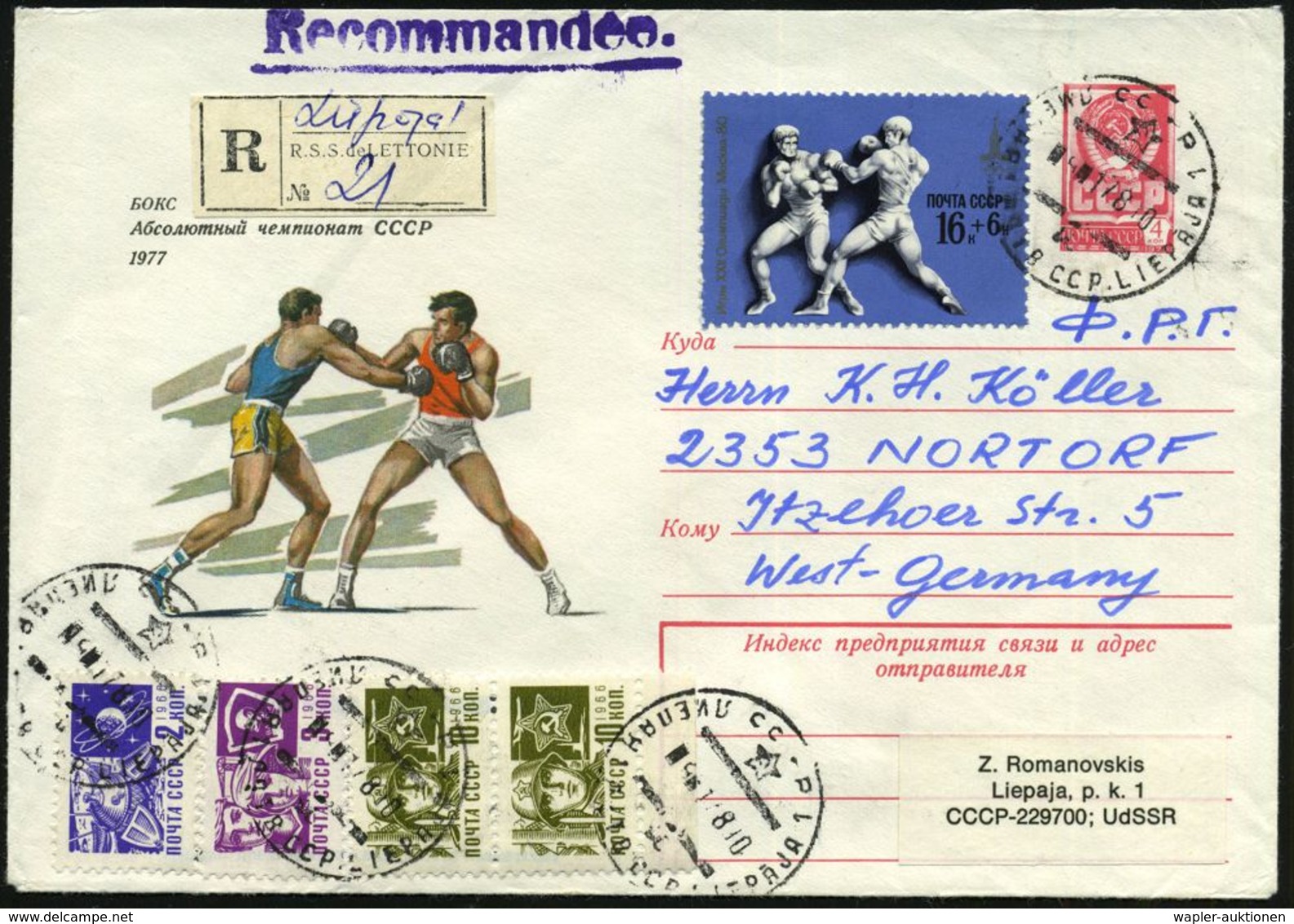 UdSSR 1978 4 Kop. U Staatswappen, Rosa: Nationale Box-Meisterschaften (2 Boxer) + Motivgl. Zusatzfrankatur Boxen 16 Kop. - Boksen