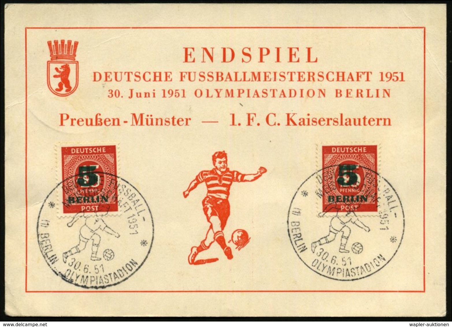 (1) BERLIN OLYMPIASTADION/ DEUTSCHE FUSSBALL-/ MEISTERSCHAFT 1951 (30.6.) SSt = Hauspostamt Olympia-Stadion = Spieler Mi - Briefe U. Dokumente