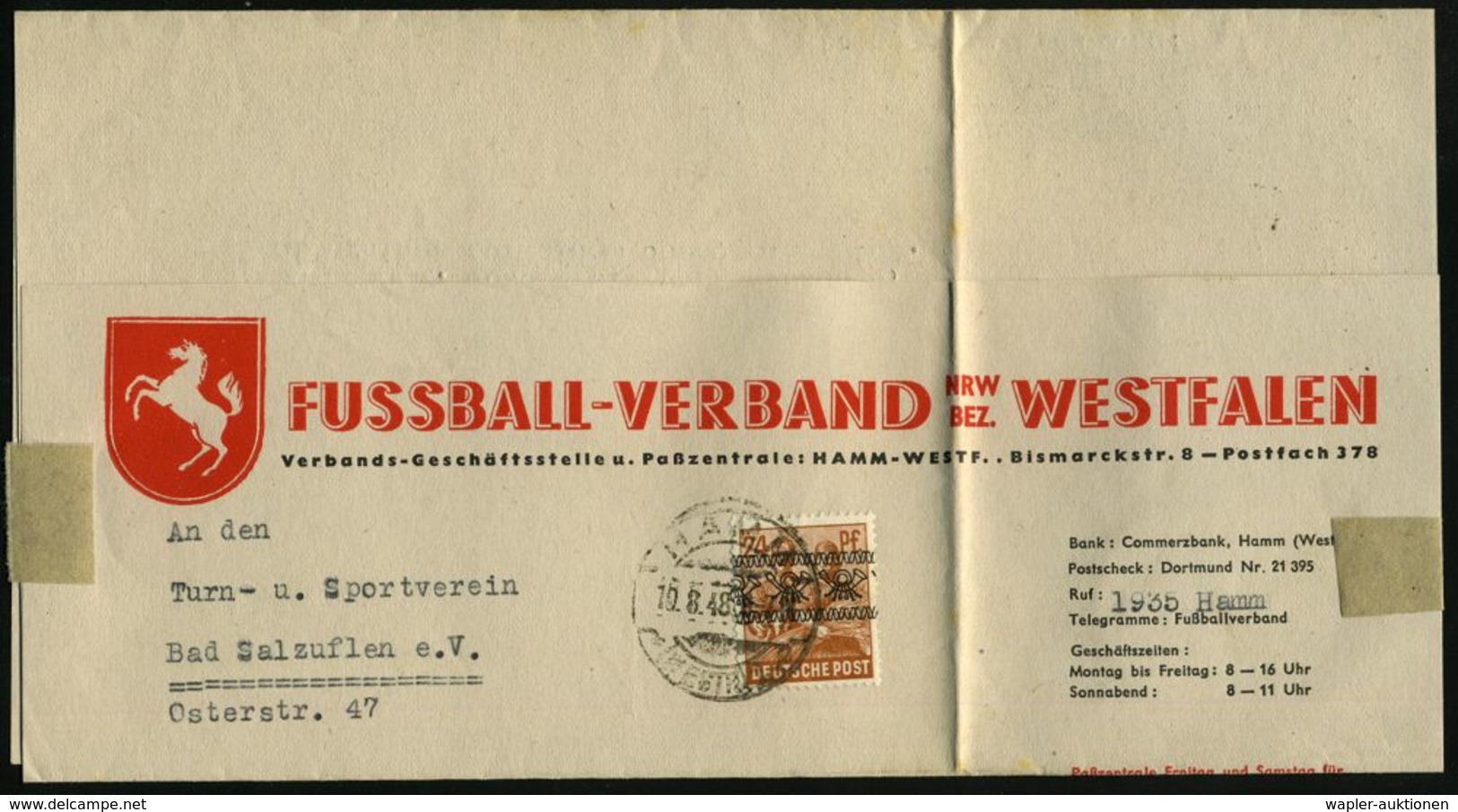 Hamm 1948 (19.8.) 24 Pf. Band-Audruck Direkt Auf Zweifarbigem Briefbogen: FUSSBALL-VERBAND WESTFALERN  Frankiert (Wappen - Storia Postale