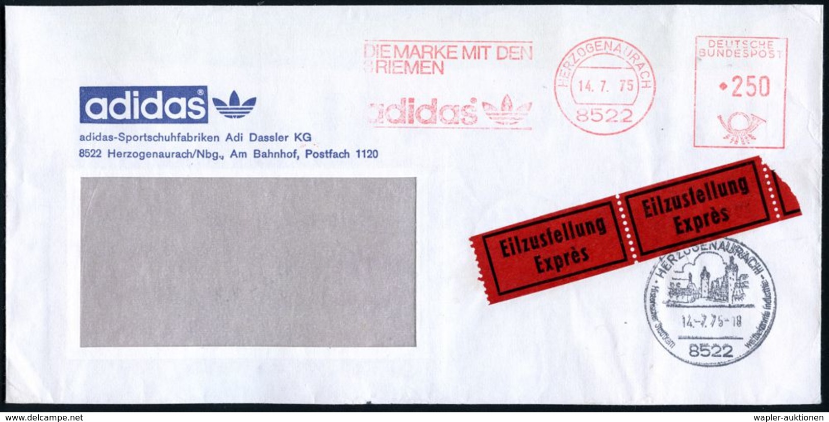 8522 HERZOGENAURACH/ DIE MARKE MIT DEN/ 3 RIEMEN/ Adidas 1975 (14.7.) AFS 250 Pf. (Logo) Auf Motivgl. Firmen-Eil-Bf. = H - Briefe U. Dokumente