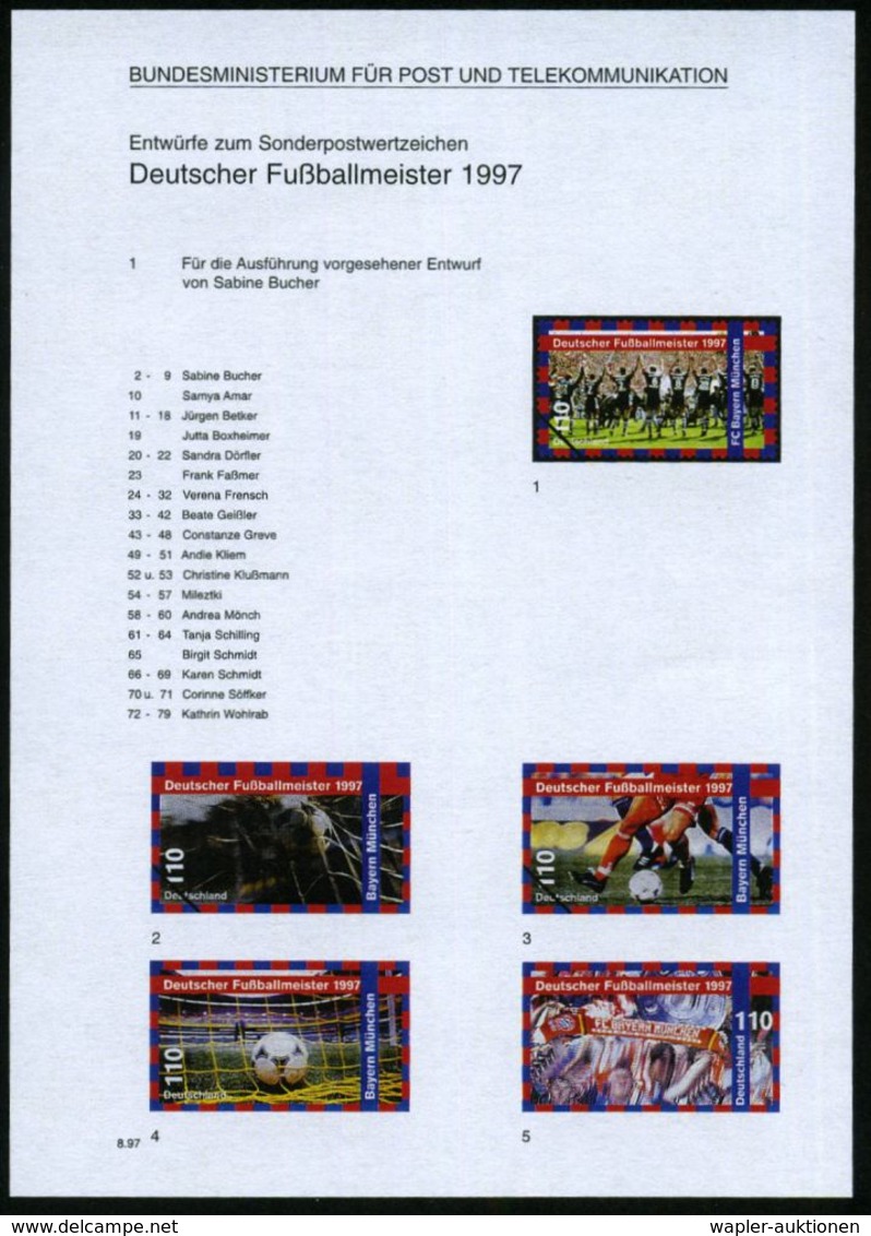 B.R.D. 1997 (Aug.) 110 Pf. "Deutscher Fußballmeister F.C. Bayern München", 79 Verschied. Color-Entwürfe Der Bundes-druck - Covers & Documents