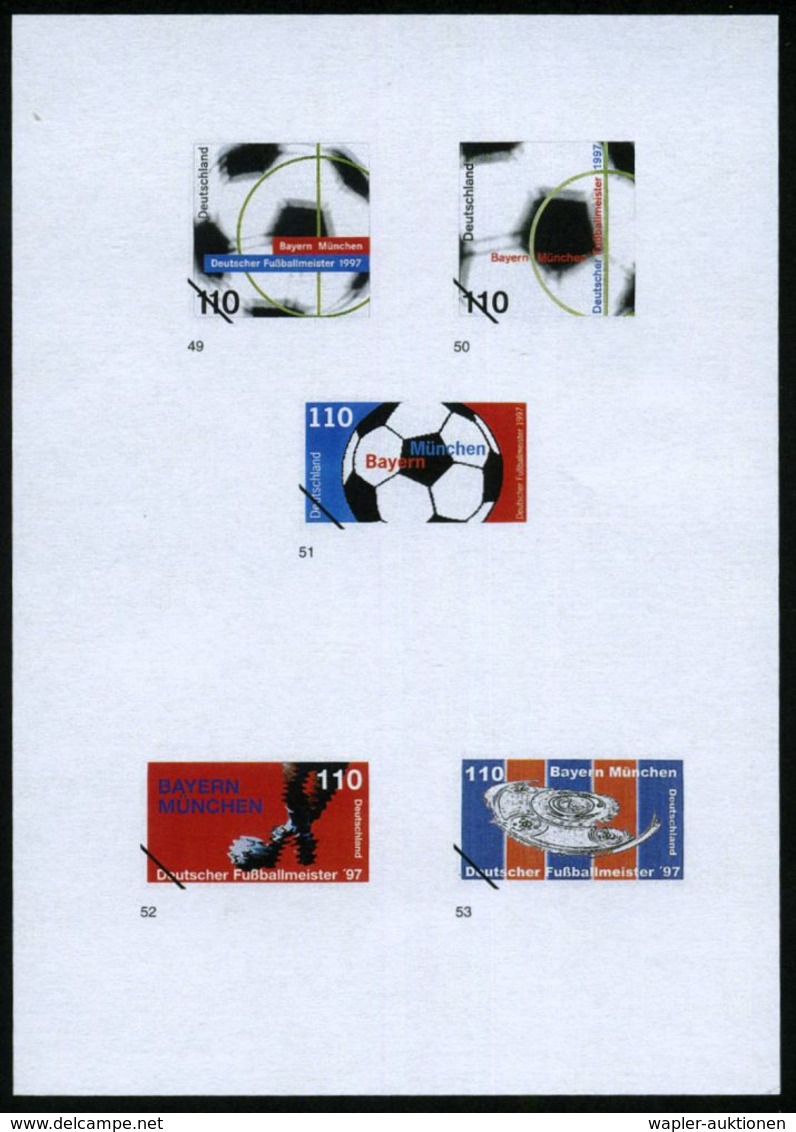 B.R.D. 1997 (Aug.) 110 Pf. "Deutscher Fußballmeister F.C. Bayern München", 79 Verschied. Color-Entwürfe Der Bundes-druck - Covers & Documents