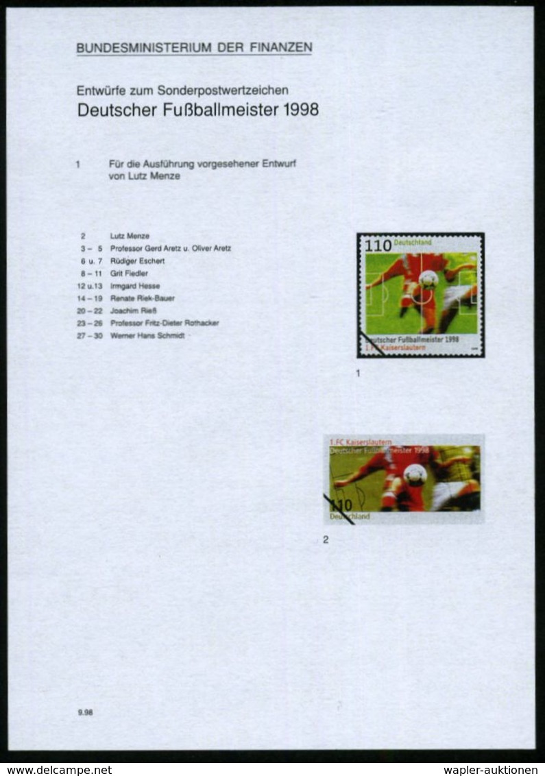 B.R.D. 1998 (Sept.) 110 Pf. "Deutscher Fußballmeister 1998 1.F.C. Kaiserslautern", 30 Verschied. Color-Entwürfe D. Bunde - Storia Postale