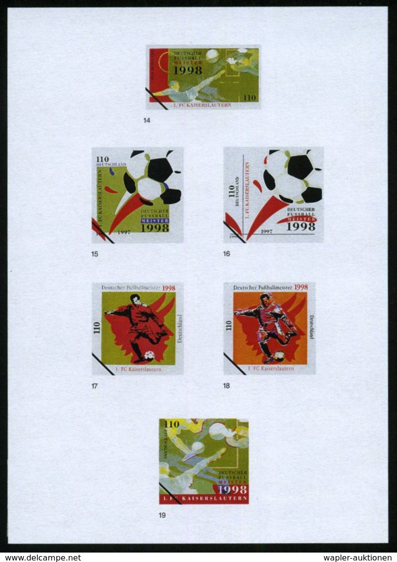 B.R.D. 1998 (Sept.) 110 Pf. "Deutscher Fußballmeister 1998 1.F.C. Kaiserslautern", 30 Verschied. Color-Entwürfe D. Bunde - Briefe U. Dokumente