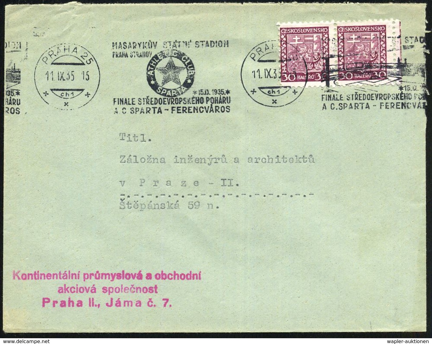 TSCHECHOSLOWAKEI 1935 (11.9.) BdMWSt: PRAHA 25/ch1/MASARYK..STADION/ATHLETIC CLUB/SPARTA/FINALE../A C SPARTA - FERENCVAR - Briefe U. Dokumente