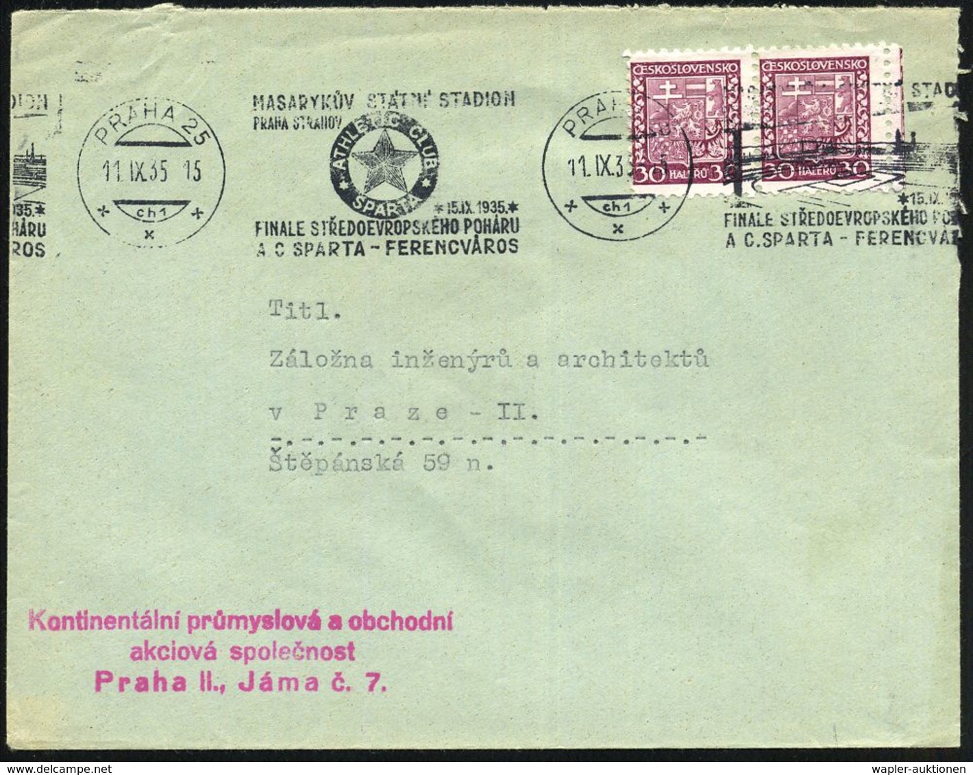 TSCHECHOSLOWAKEI 1935 (11.9.) BdMWSt: PRAHA 25/ch1/MASARYK..STADION/ATHLETIC CLUB/SPARTA/FINALE../A C SPARTA - FERENCVAR - Lettres & Documents