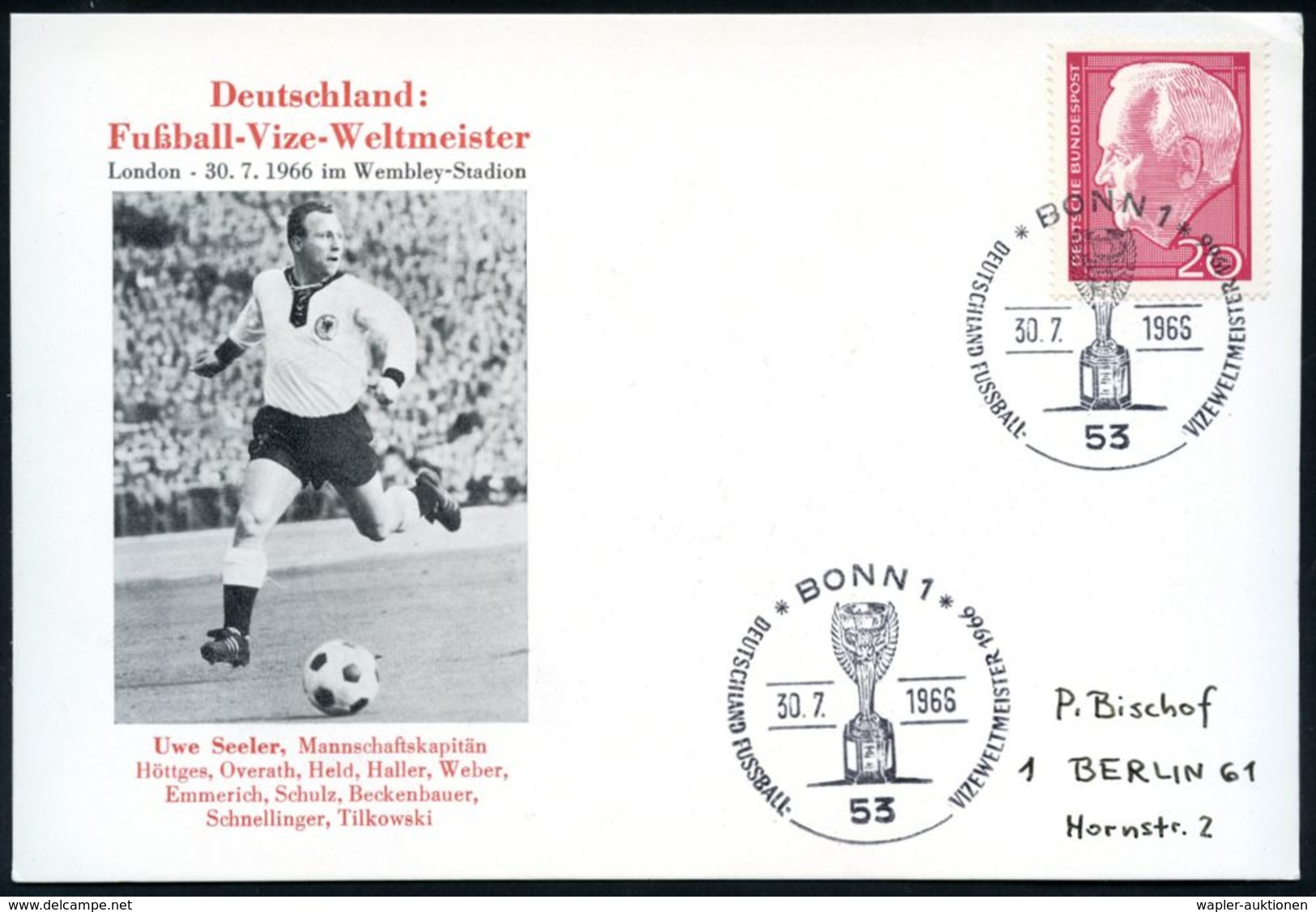 53 BONN 1/ DEUTSCHLAND FUSSBALL-VIZEWELTMEISTER 1964 (30.7.) SSt = WM-Pokal Auf Sonder-Kt.: Uwe Seeler  - - Autres & Non Classés