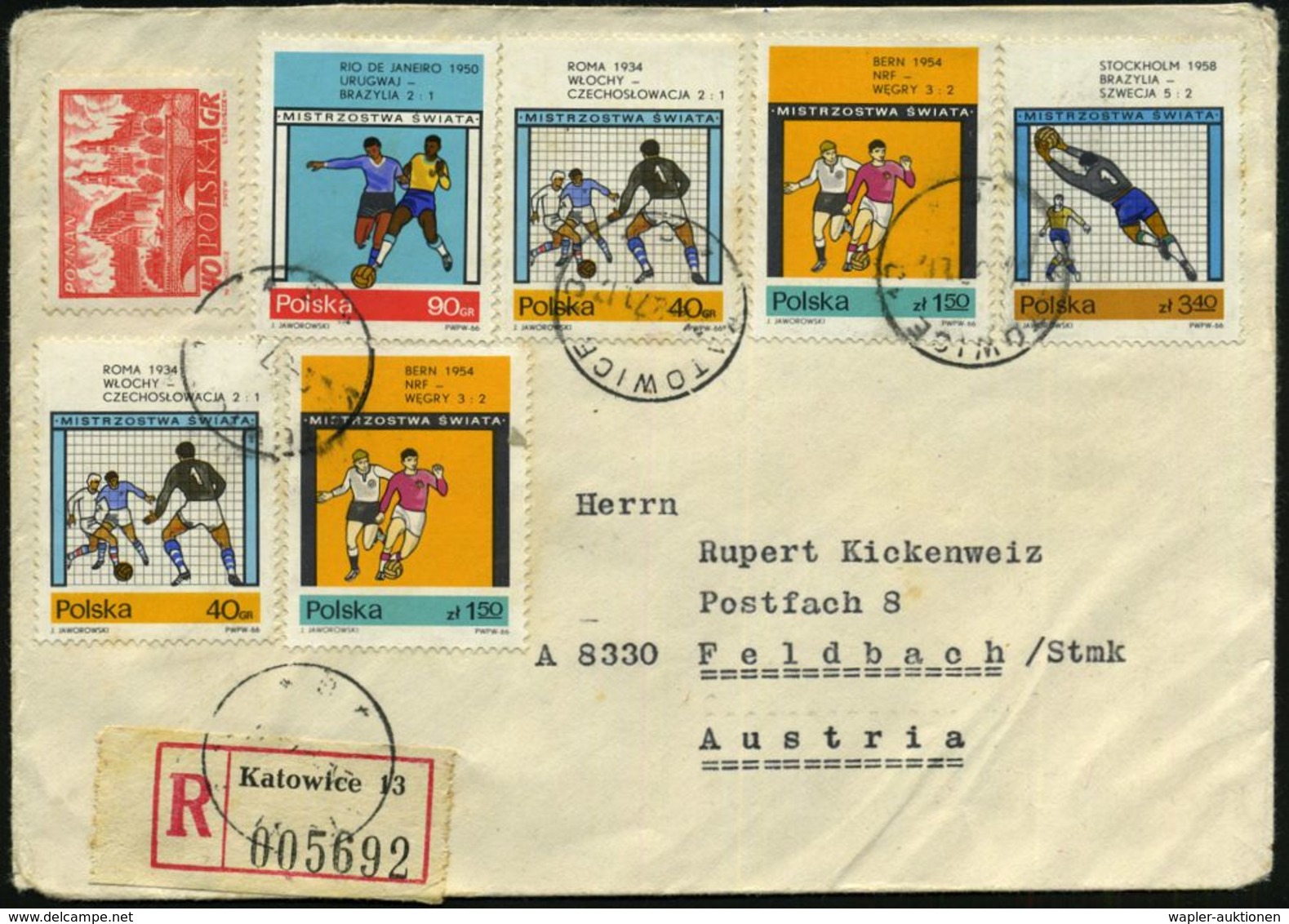 POLEN 1966 Fußball-WM 2x 40 Gr., 90 Gr., 2x 1,50 Zl. U- 3,40 Zl. Etc., 1K + RZ: Katowice 13, Sauber Gest. Ausl.-R-Bf. (M - Sonstige & Ohne Zuordnung