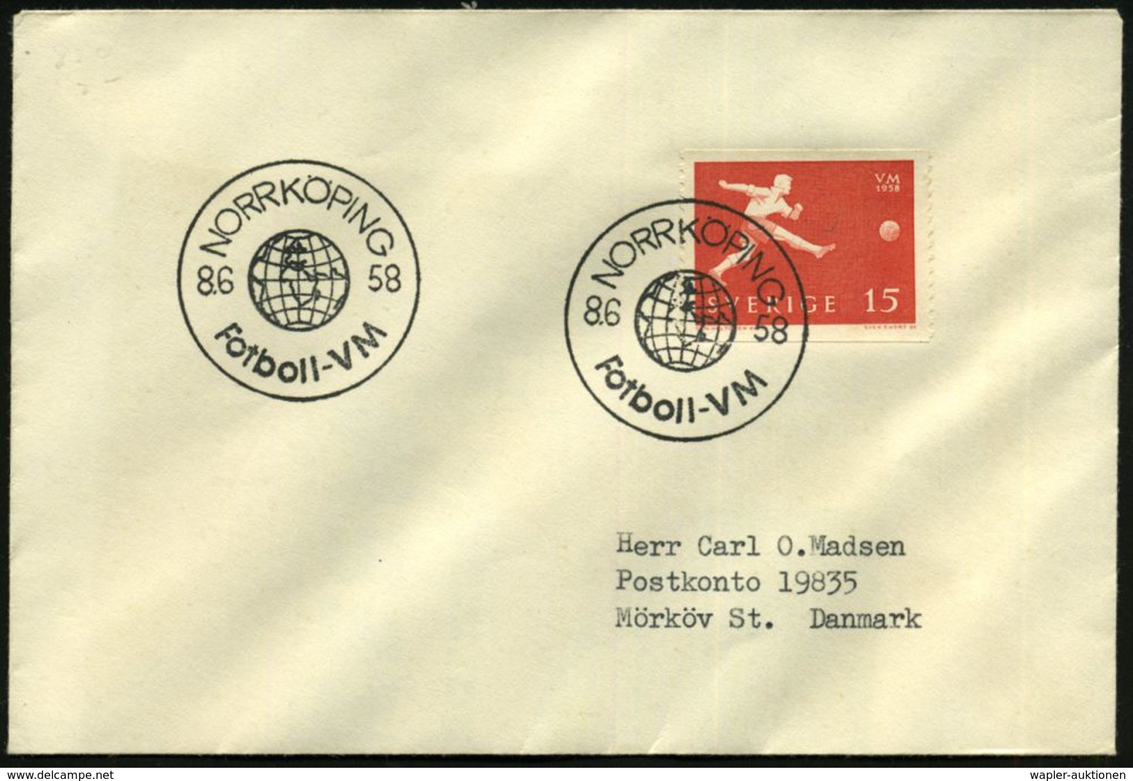 SCHWEDEN 1958 (8.6.) SSt.: NORRKÖPING/Fotboll-VM (Globus) EF 15 Ö. Fußball-WM, Klar Gest., Kleiner Ausl.-Bf.  (Mi.438 EF - Autres & Non Classés