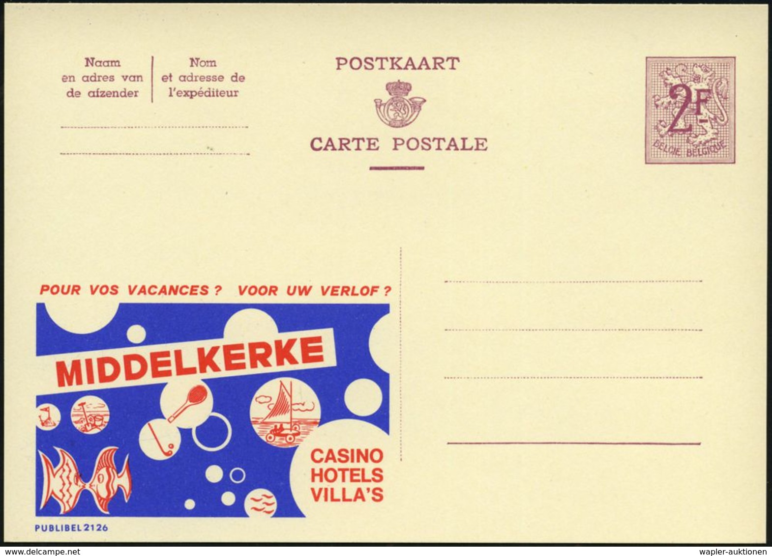 BELGIEN 1959 2 F. Reklame-P Löwe, Weinrot: MIDDELKERKE Mit Golfschläger U. Golfball U. Tennisschläger Etc., Fläm. Titel  - Golf