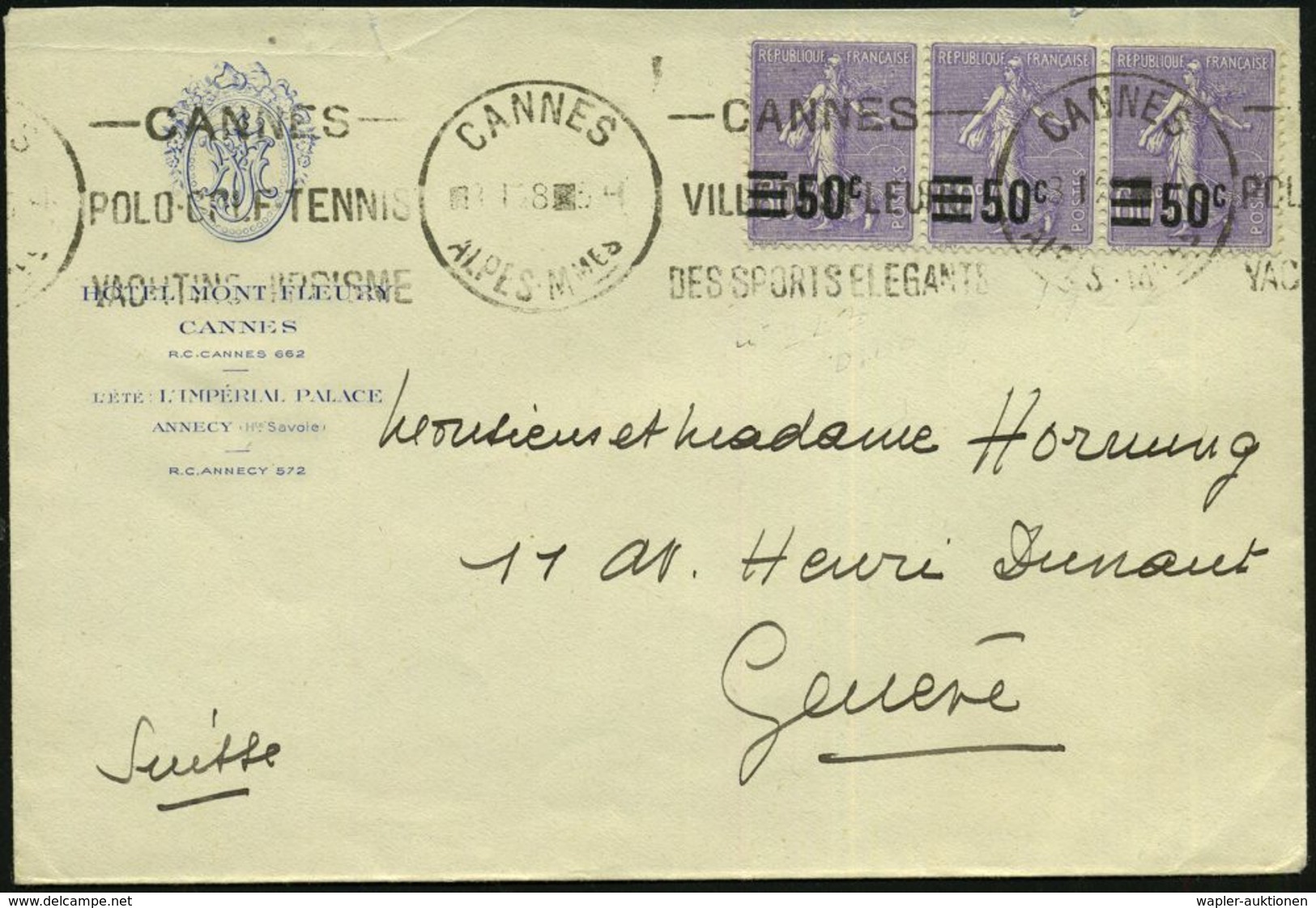 FRANKREICH 1928 (3.1.) BdMWSt: CANNES/ POLO - G O L F - TENNIS/ YACHTING - HIPPISME , Klar Gest., Dekorat. Hotel-Ausl.-B - Golf