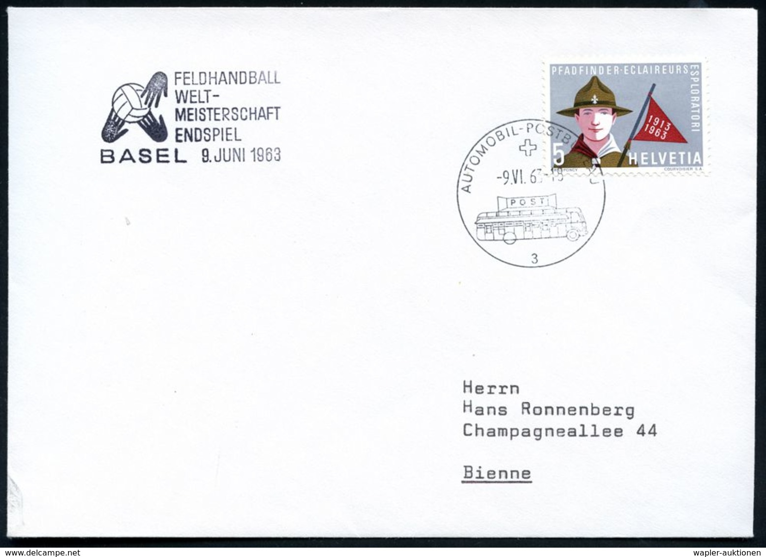 SCHWEIZ 1963 (9.6.) HdN: BASEL/FELDHANDBALL/WELT-/ MEISTERSCHAFT/ ENDSPIEL (3 Hände, Ball) + 1K: AUTO-PA Nr.3, Inl.-Bf.  - Hand-Ball