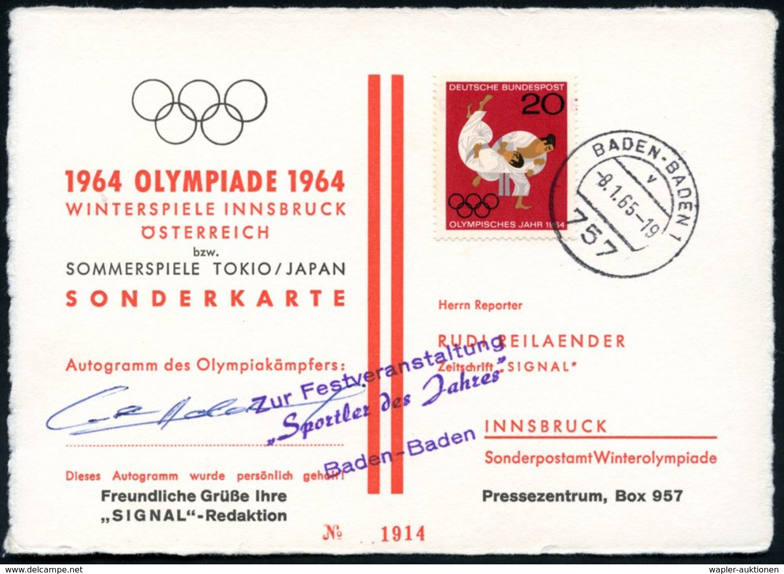 757 BADEN-BADEN 1/ V 1965 (8.1.) 1K Auf EF 20 Pf. Olymp. Jahr = Judokämpfer + HdN: "Sportler Des Jahres" Baden-Baden + O - Judo