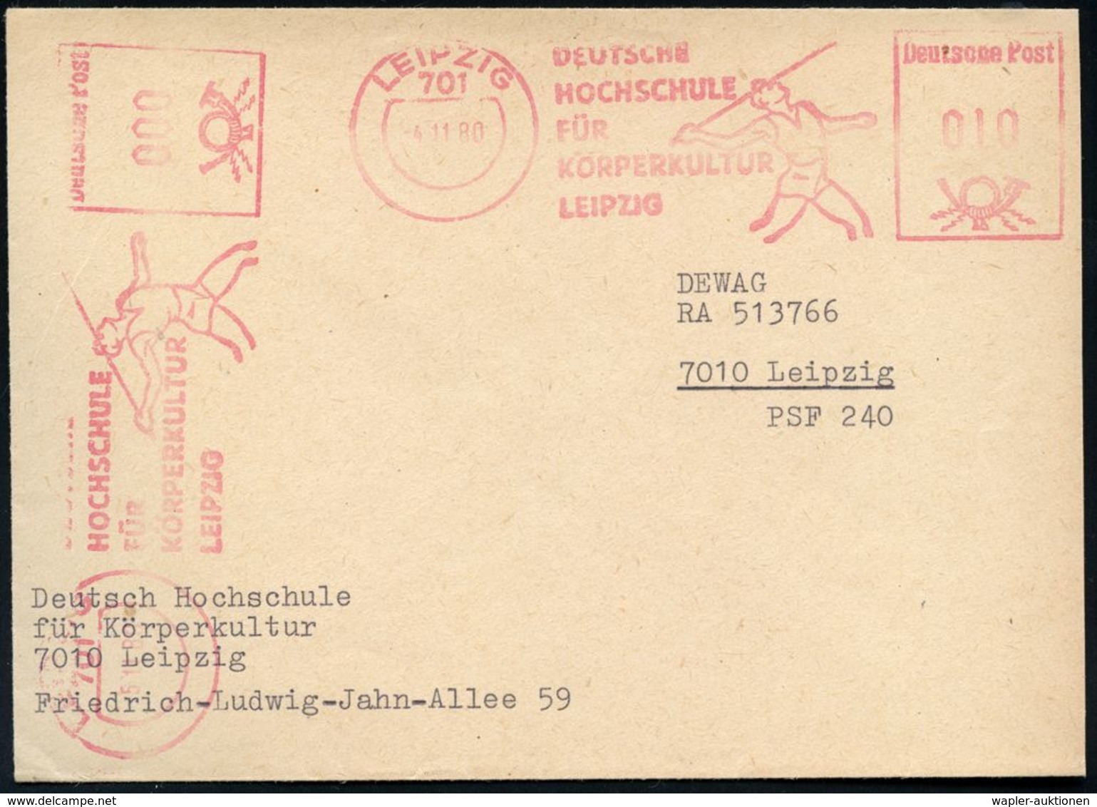 701 LEIPZIG C1/ DEUTSCHE/ HOCHSCHULE/ FÜR/ KÖRPERKULTUR 1980 (4.11.) AFS 000 + 010 Pf. , 2 Abdruck = Speerwerfer , Diens - Atletica