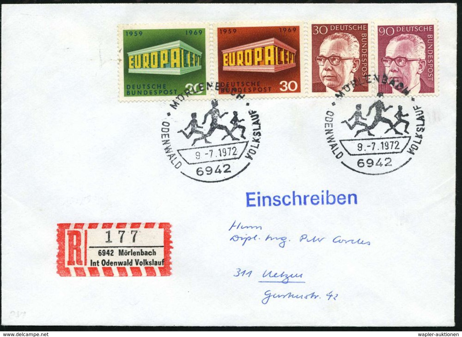 6942 MÖRLENBACH/ ODENWALD VOLKSLAUF 1972 (9.7.) SSt = 3 Läufer 2x + Sonder-RZ: 6942 Mörlenbach/ Int Oden-wald Volkslauf  - Leichtathletik