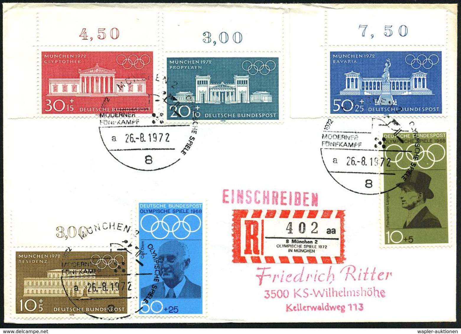 8 MÜNCHEN 2/ OLYMP.SPIELE/ MODERNER/ FÜNFKAMPF/ A 1972 (26.8.) SSt = Piktrogramm "Pentathlon" 3x Auf Olympia-Frankatur + - Athlétisme