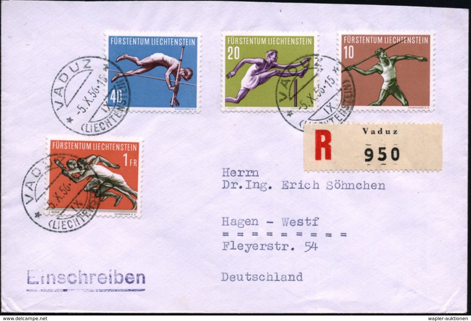 LIECHTENSTEIN 1956 (5.10.) Leichtathletik, Kompl. Satz , Klar Gest. RZ: Vaduz, Ausl.-R-Bf.  (Mi.342/45 ,+ 41.- EUR) - - Atletiek