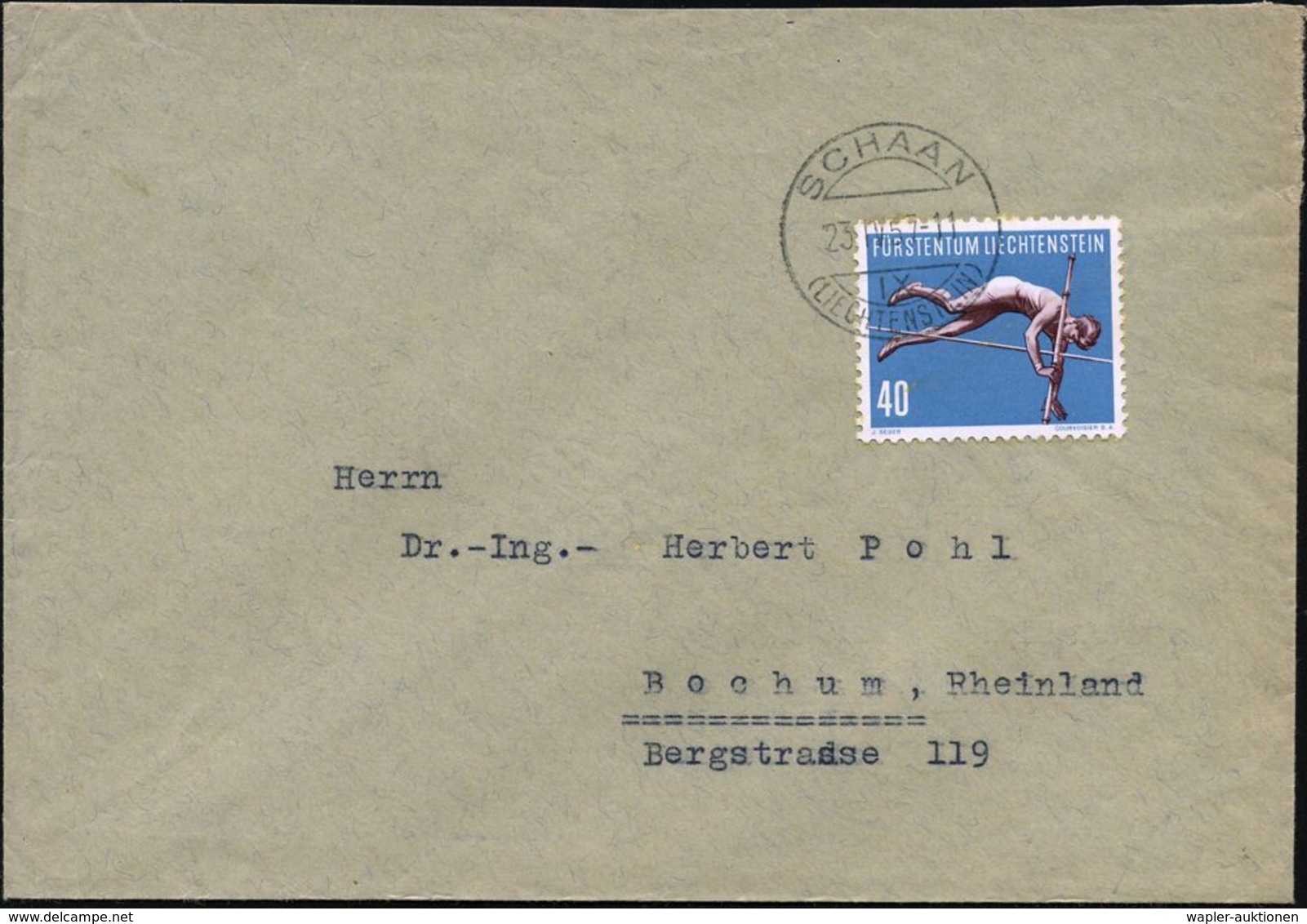 LIECHTENSTEIN 1957 40 C. Stabhochspringer, EF , Klar Gest. (SCHAAN) Portorichtiger Ausl.-Bf. (Mi.344 EF) - - Leichtathletik