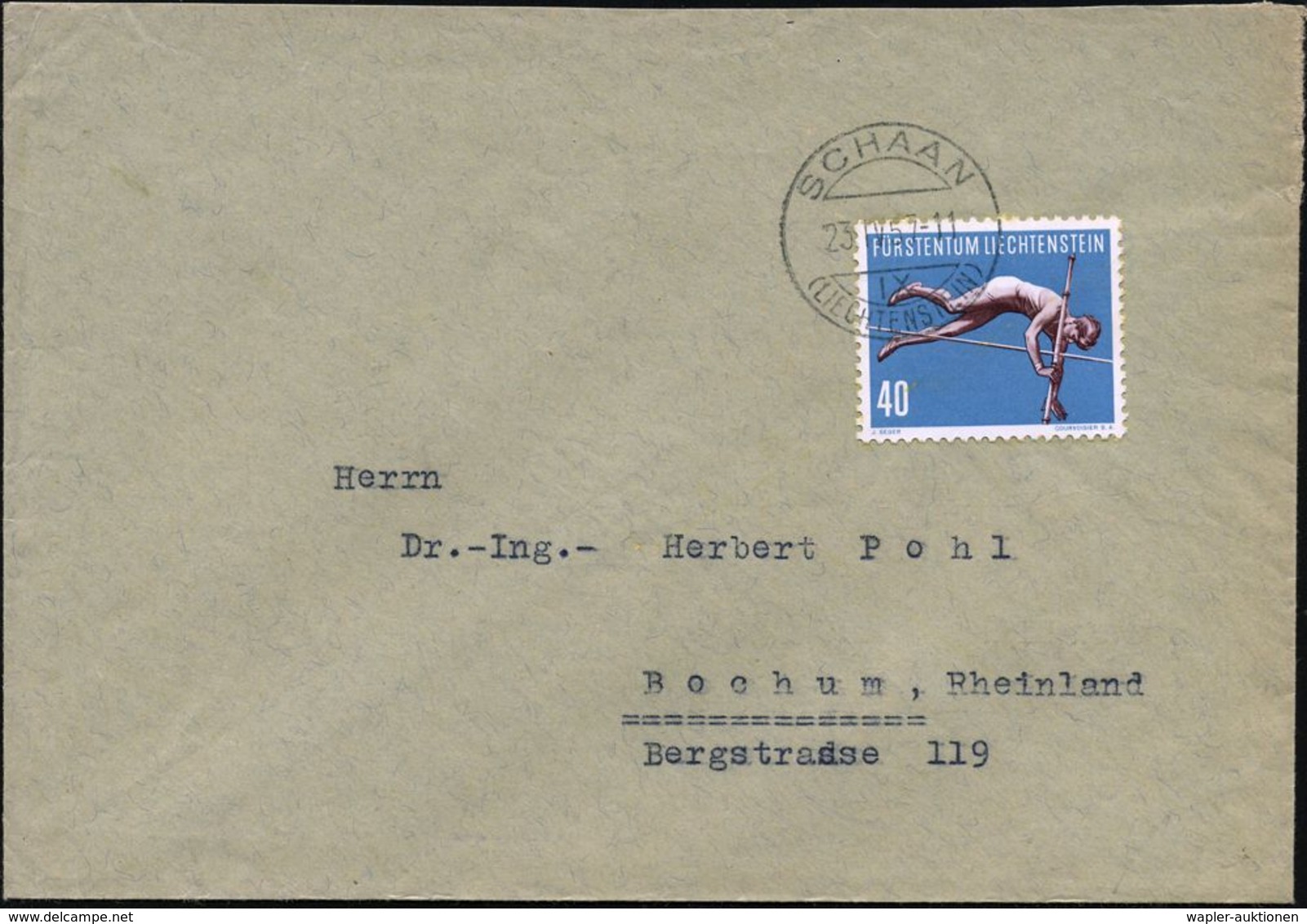 LIECHTENSTEIN 1957 40 C. Stabhochspringer, EF , Klar Gest. (SCHAAN) Portorichtiger Ausl.-Bf. (Mi.344 EF) - - Atletica