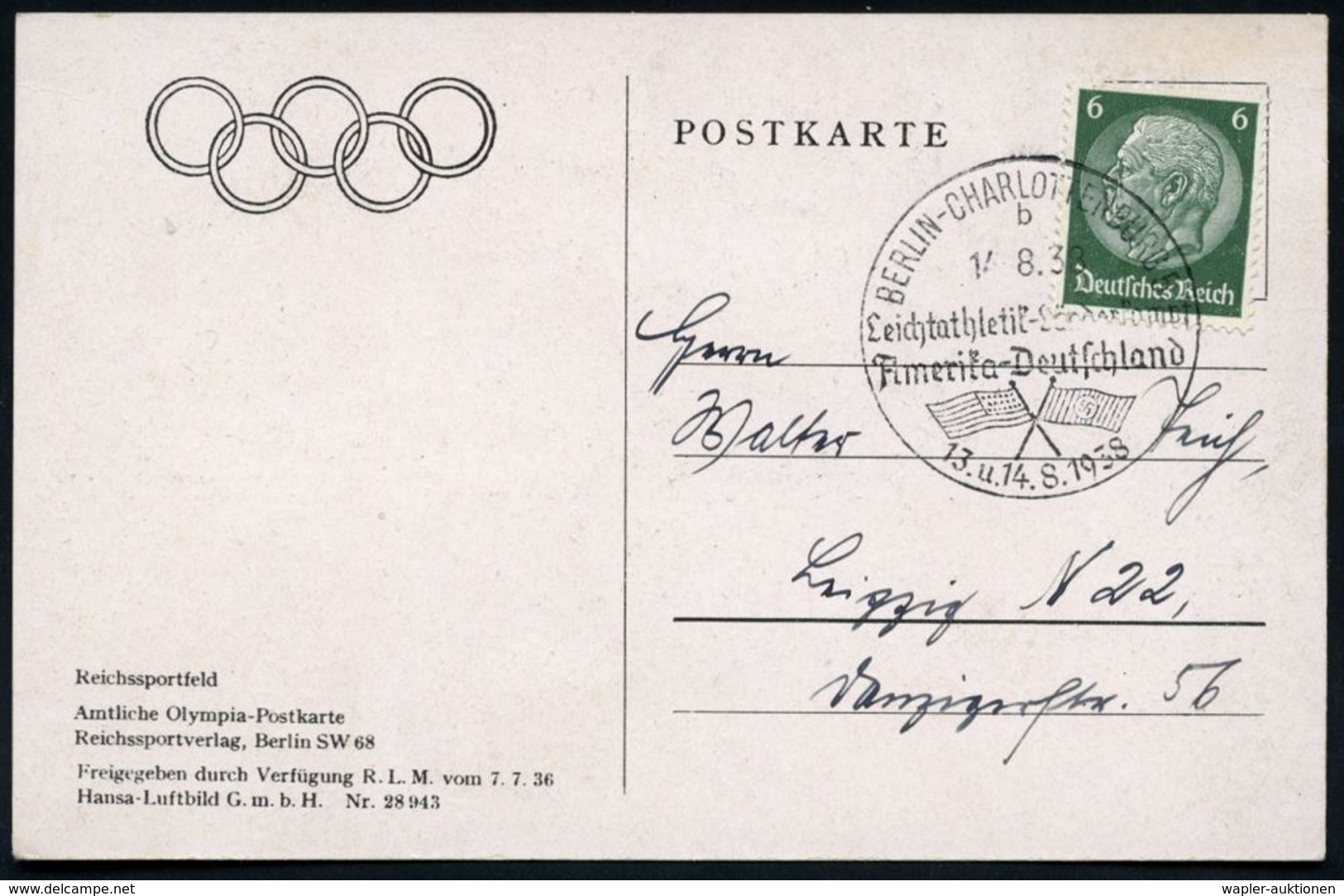 BERLIN-CHARLOTTENBURG 5/ A/ Leichtathletik-Länderkampf/ Amerika-Deutschland 1938 (14.8.) SSt (2 Flaggen) S/w.-Olympia-Ak - Atletica