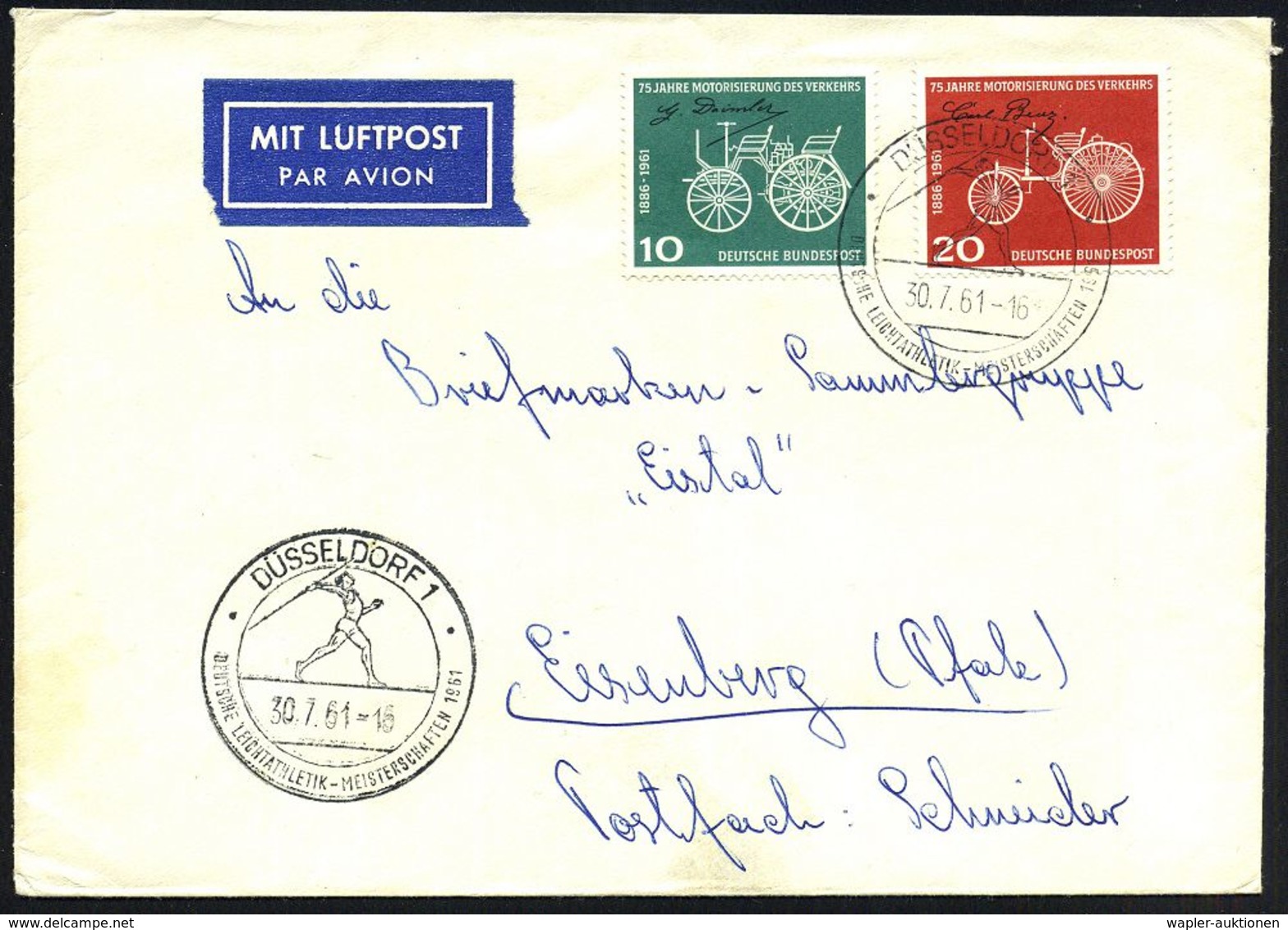 DÜSSELDORF 1/ DEUTSCHE LEICHTATHLETIK-MEISTERSCHAFTEN 1961 (30.7.) SSt = Speerwerfer , 2x Klar Auf Inl.-Flp.-Bf.  (Bo.17 - Leichtathletik