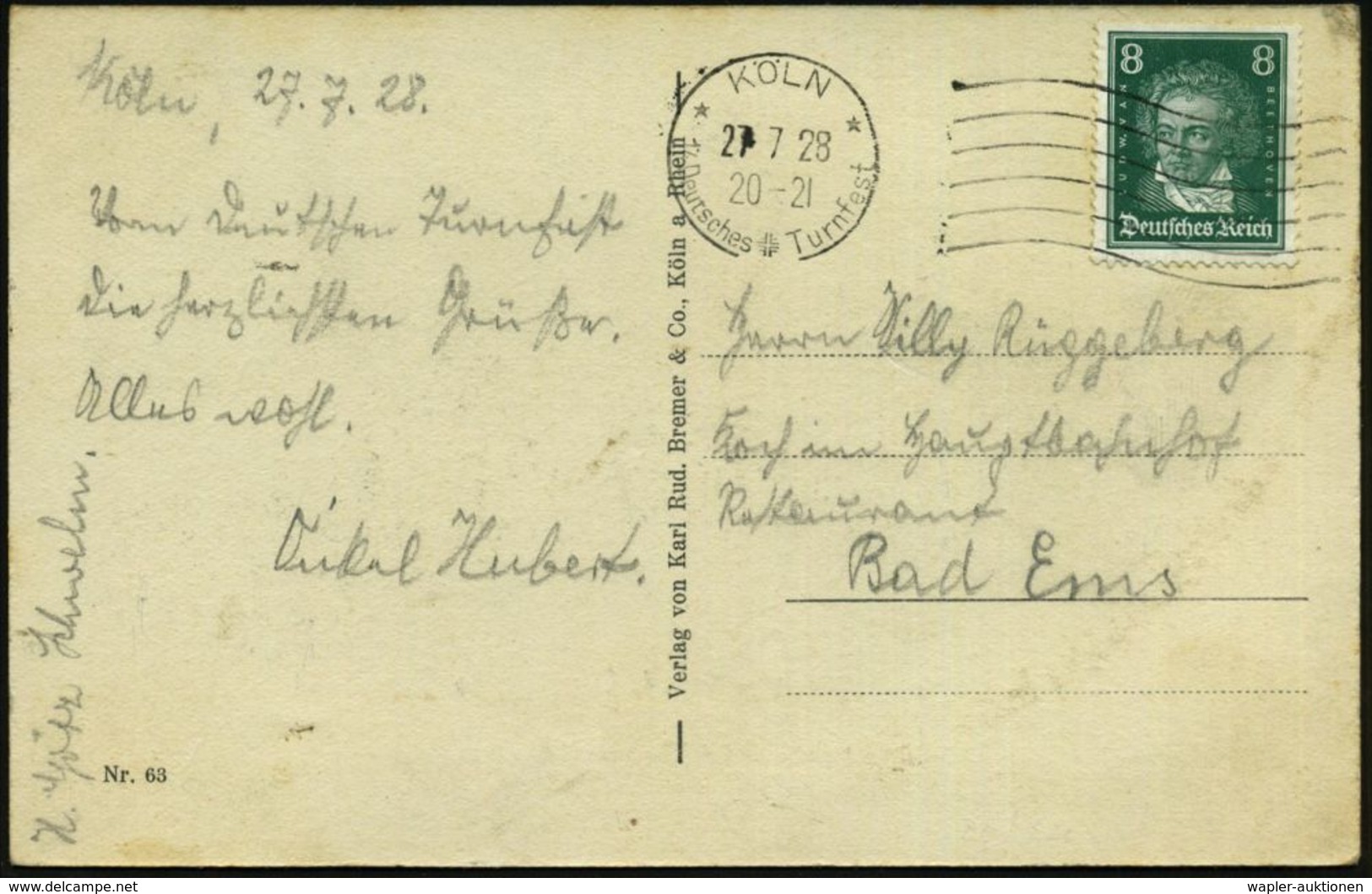 KÖLN/ 14.Deutsches Turnfest 1928 (27.7.) MaWellenSt. Mit Monogr. "FFFF" = Frisch, Fromm, Fröhlich, Frei = Jahn-Losung ,  - Leichtathletik