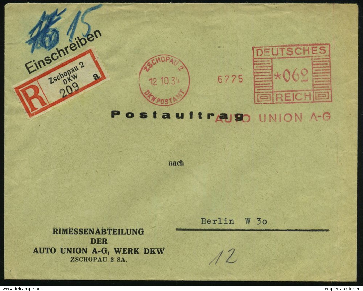 ZSCHOPAU 2/ DKW POSTAMT/ AUTO UNION A-G. 1934 (12.10.) AFS 062 Pf. = DKW-Hauspostamt! + Selbstbucher-RZ: Zschopau 2  D K - Automobilismo