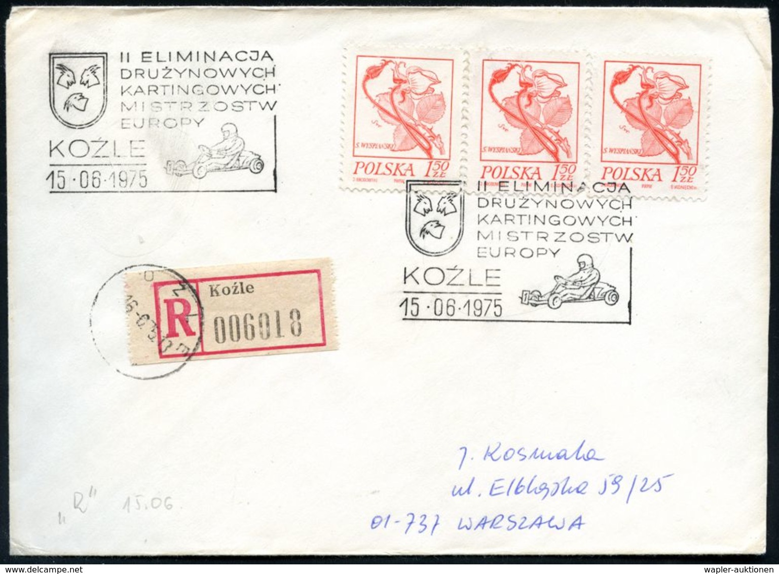 POLEN 1975 (15.6.) SSt: KOZLE /II. GOCART-EUROPAMEISTERSCHAFT = Gocart (Wappen) Inl.-R-Bf. - - Automobile