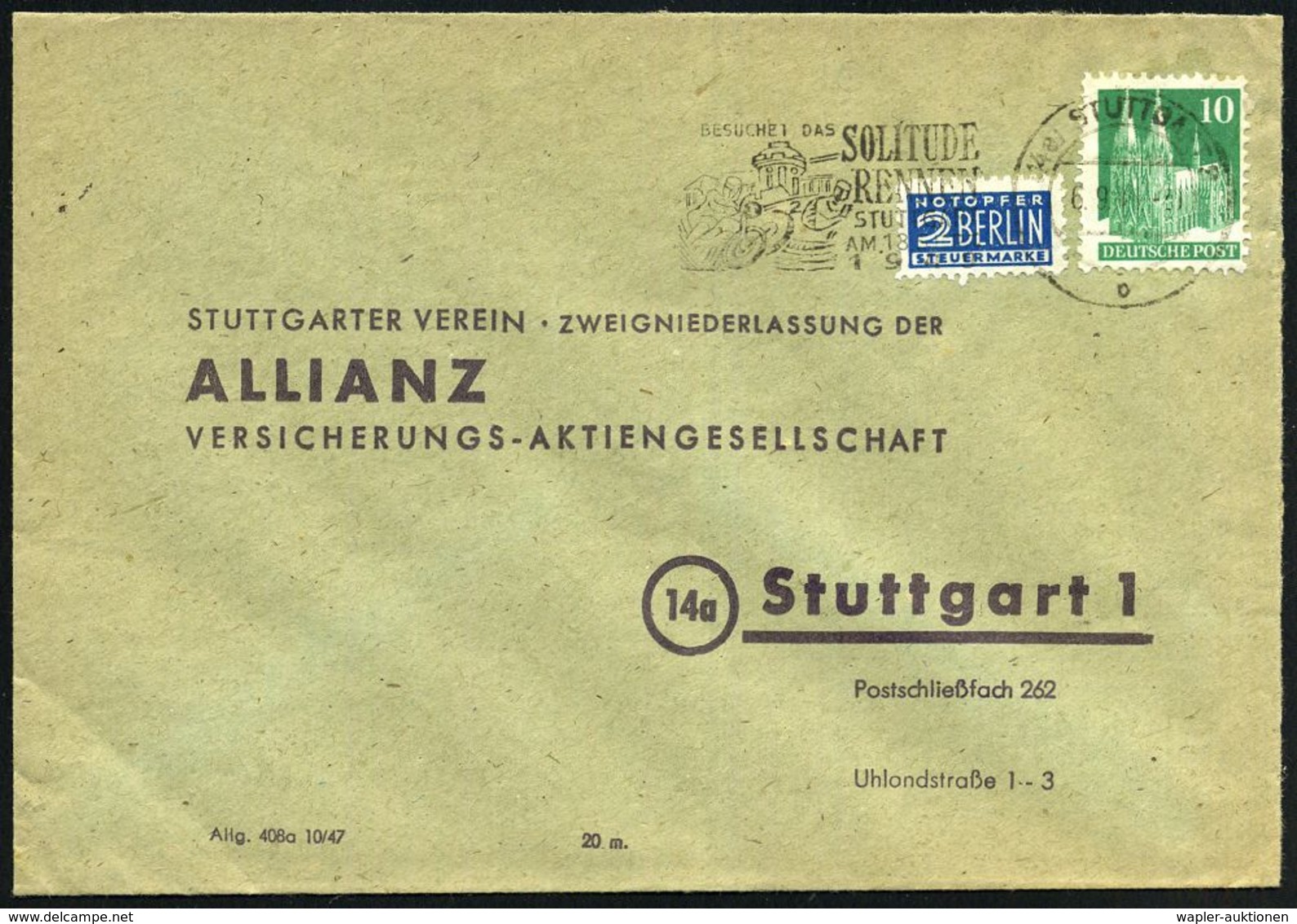 (14a) STUTTGART 9/ O/ BESUCHET DAS SOLITUDE/ RENNEN/ ..AM 18.SEPTEMBER.. 1950 (9.8.) Seltener MWSt = Rennauto, Rennmotor - Automobilismo