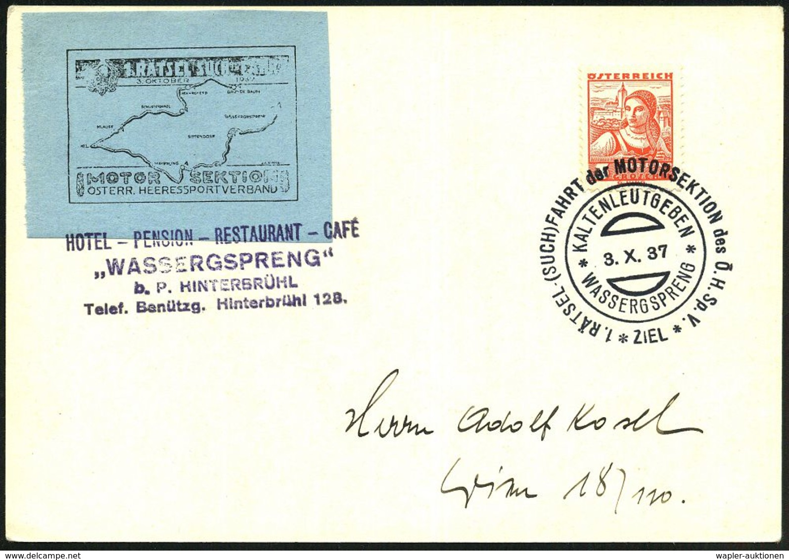 ÖSTERREICH 1937 (3.10.) SSt: KALTENLEUTGEBEN/WASSERGSPRENG/1.RÄTSEL-(SUCH)FAHRT D.MOTORSEKTION D. Ö.H. Sp.V./ ZIEL (= Ös - Auto's