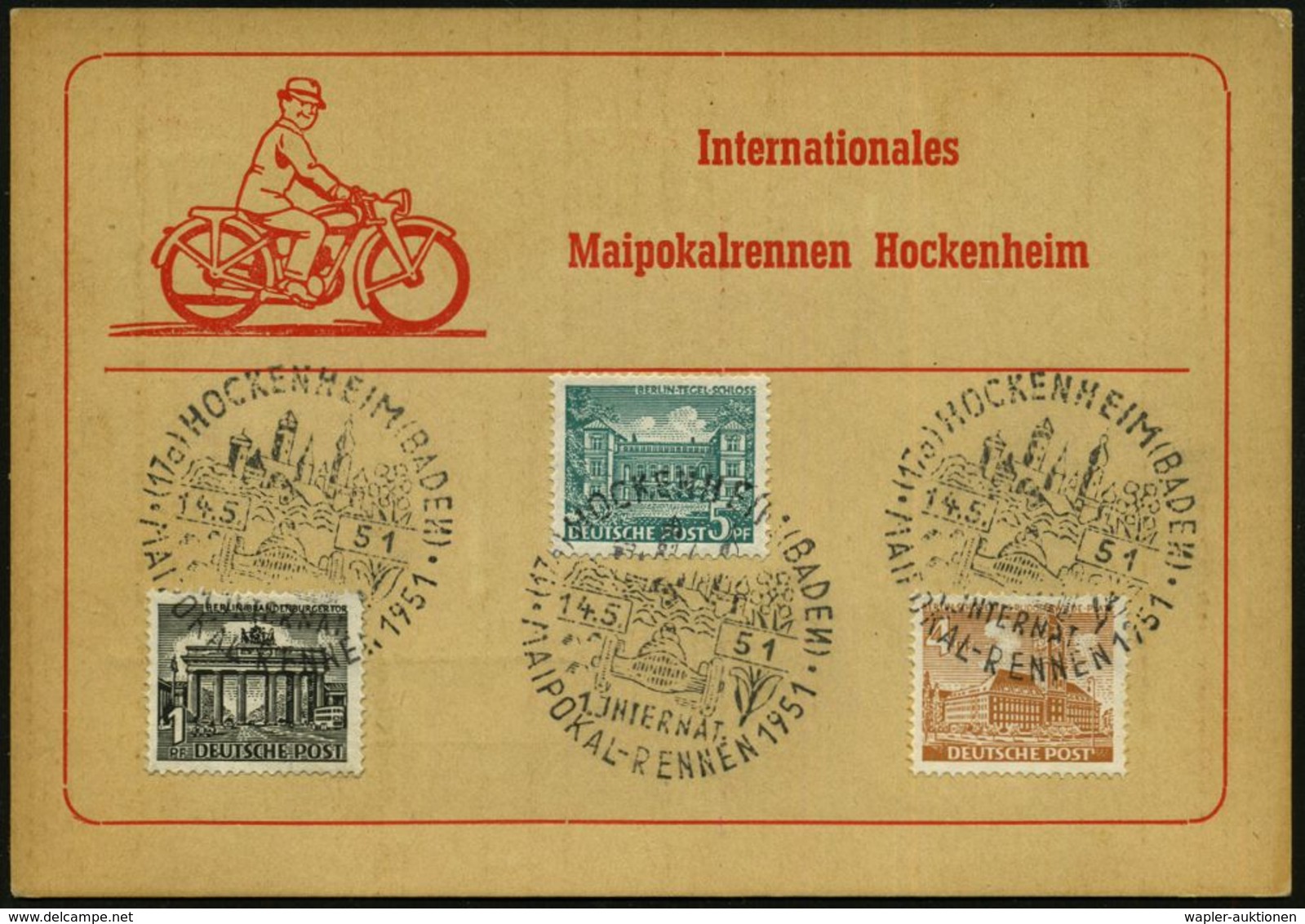 (17a) HOCKENHEIM (BADEN)/ INTERNAT./ MAIPOKAL-RENNEN 1951 (14.5.) SSt = Rennauto (Ort U. Tabak-Pflanze) = Motorrad- U. A - Motorfietsen