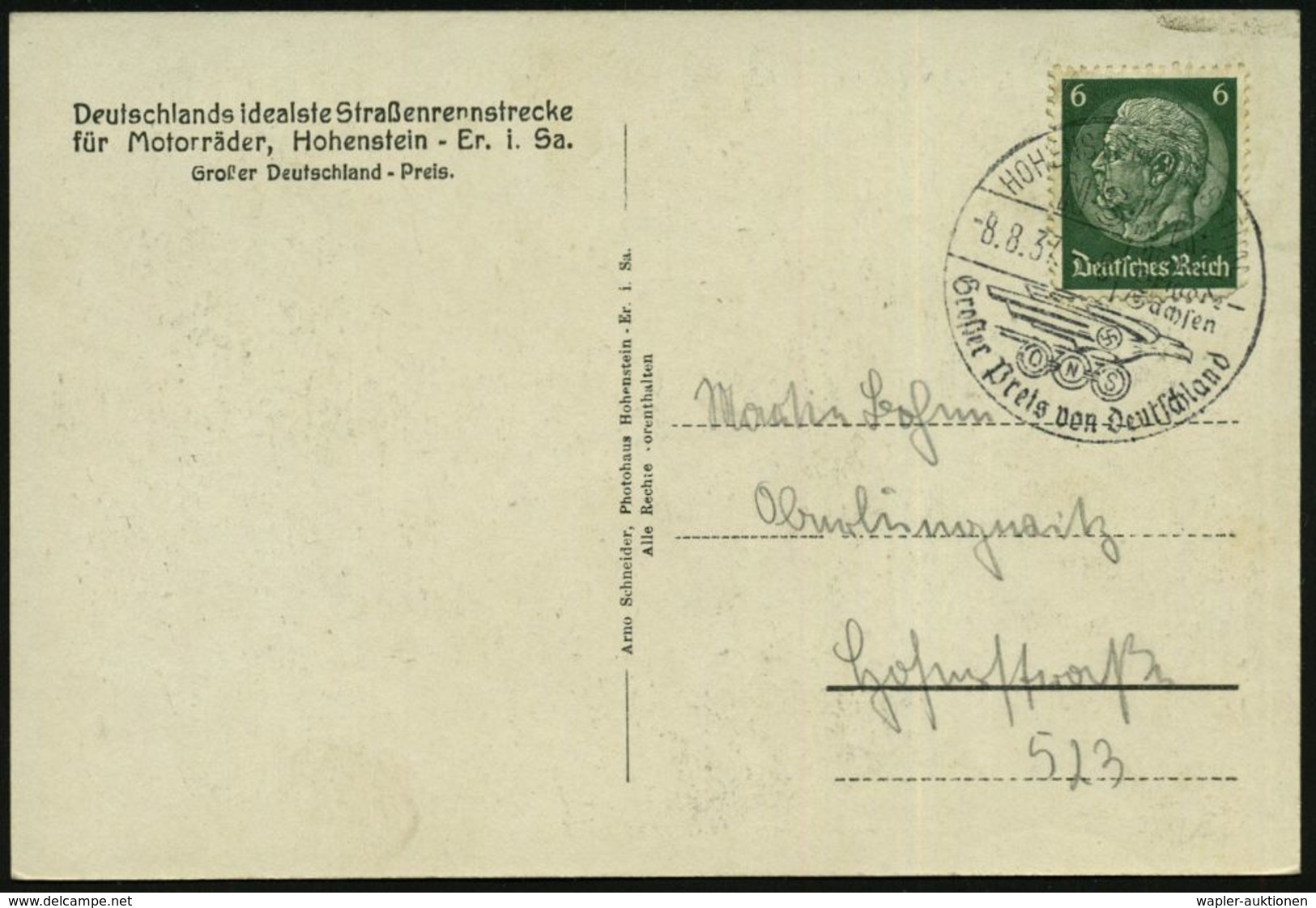 HOHENSTEIN-ERNSTTHAL/ NSKK Motor/ Brigade/ Sachsen/ ONS/ Gr.Preis Von Deutschland 1937 (8.8.) Seltener SSt (ONS-Adler-Lo - Moto