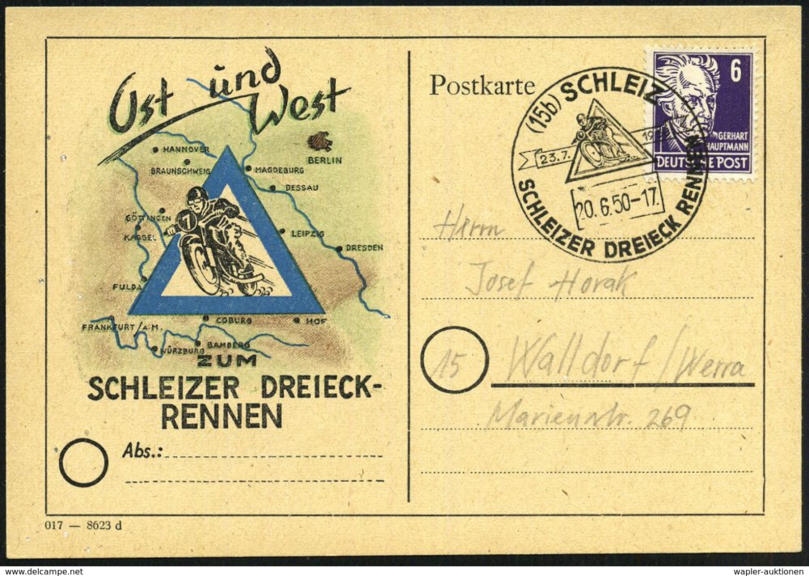 (15b) SCHLEIZ/ SCHLEIZER DREIECK RENNEN 1950 (23.7.) Seltener HWSt = Rennmotorrad (vor Dreieck) Motivgl. Color-Sonder-Kt - Moto