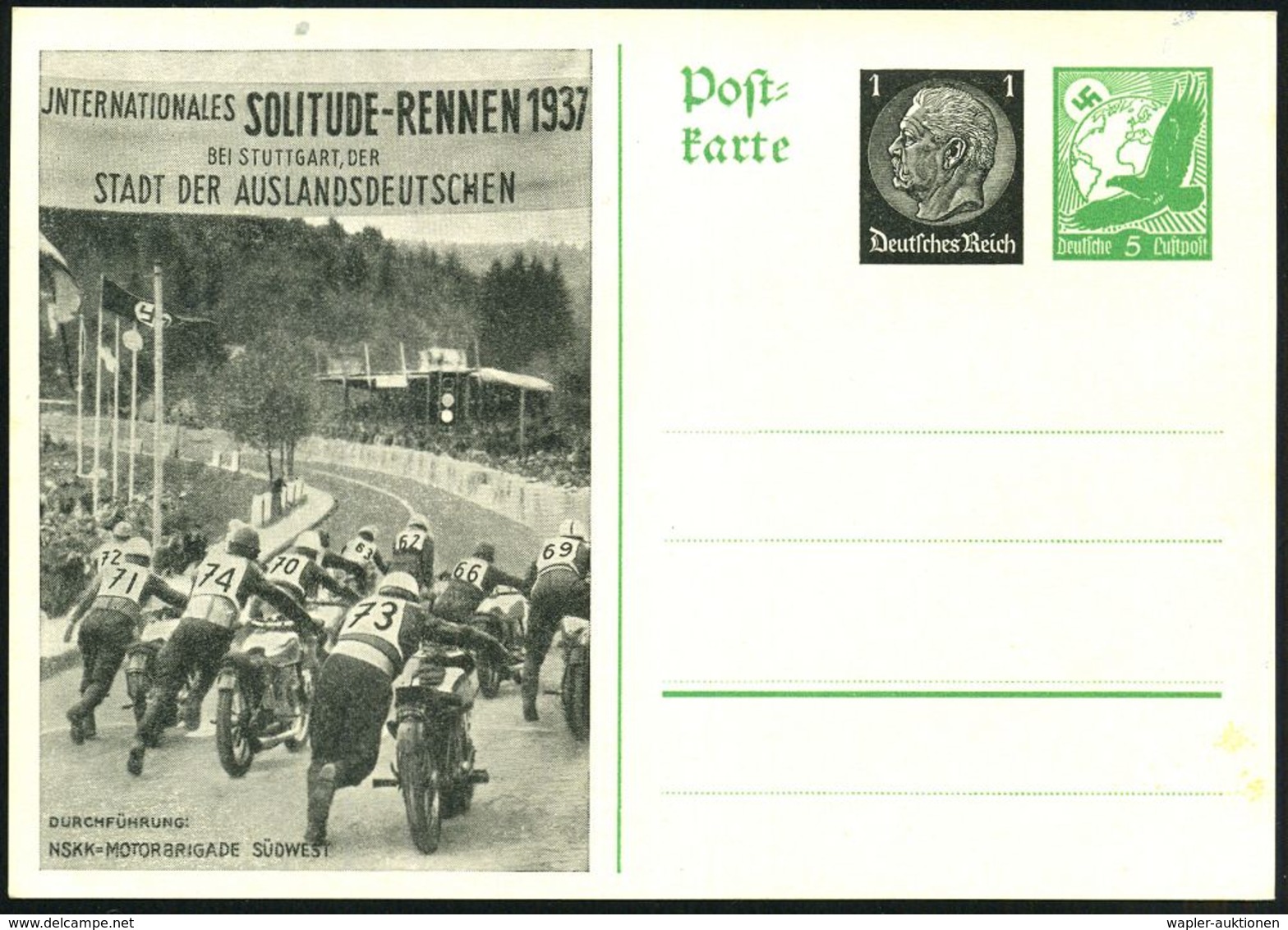Stuttgart-Glemseck 1937 (Mai) PP 1 Pf. Hindenbg. + 5 Pf. Adler: JNTERNAT. SOLITUDE-RENNEN.. = Start Der Motorräder U. St - Moto