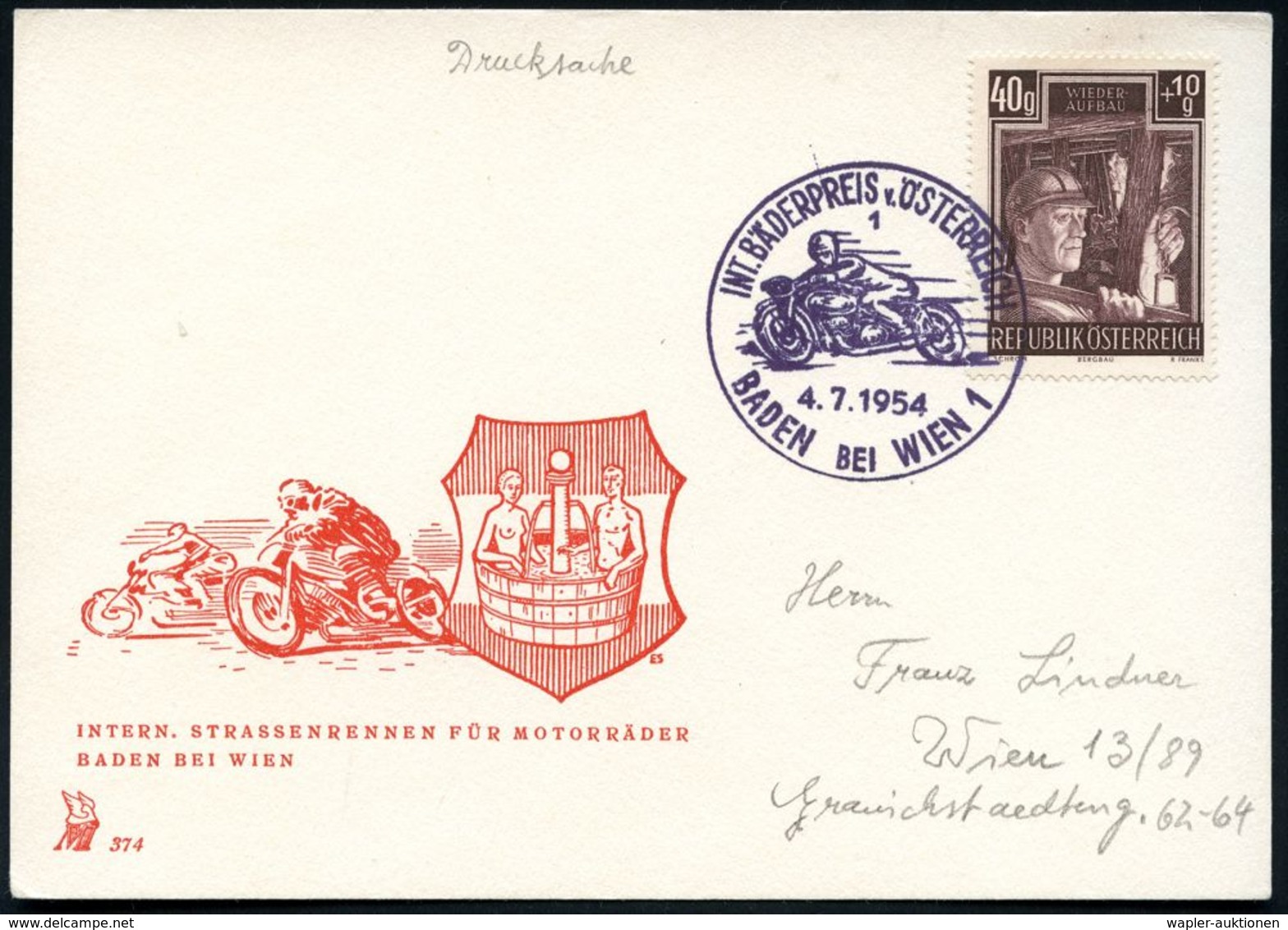 ÖSTERREICH 1954 (4.7.) SSt: BADEN BEI WIEN 1/1/INT. BÄDERPREIS V. ÖSTERREICH = Rennmotorrad ,  Klar Gest., Seltene Inl.- - Moto