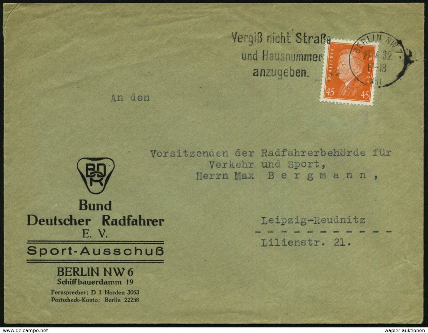 Berlin NW6 1932 (23.4.) Vordruck-Bf.: Bund Deutscher Radfahrer E.V., Sport-Ausschuß (Monogr.-Logo "BDR") Fernbf. An Vors - Radsport