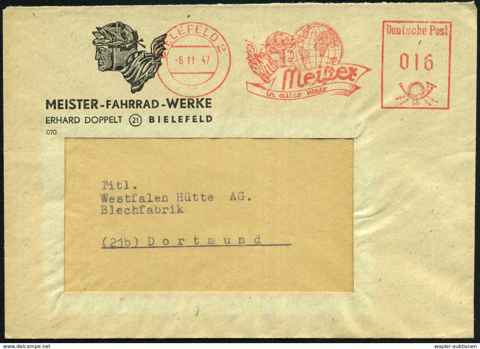 BIELEFELD 2/ Meister/ In Aller Welt 1948 (31.7.) AFS = Radrennfahrerkopf Mit Lorbeer (vor Globus) Motiv-ähnl. Firmen-Bf. - Radsport