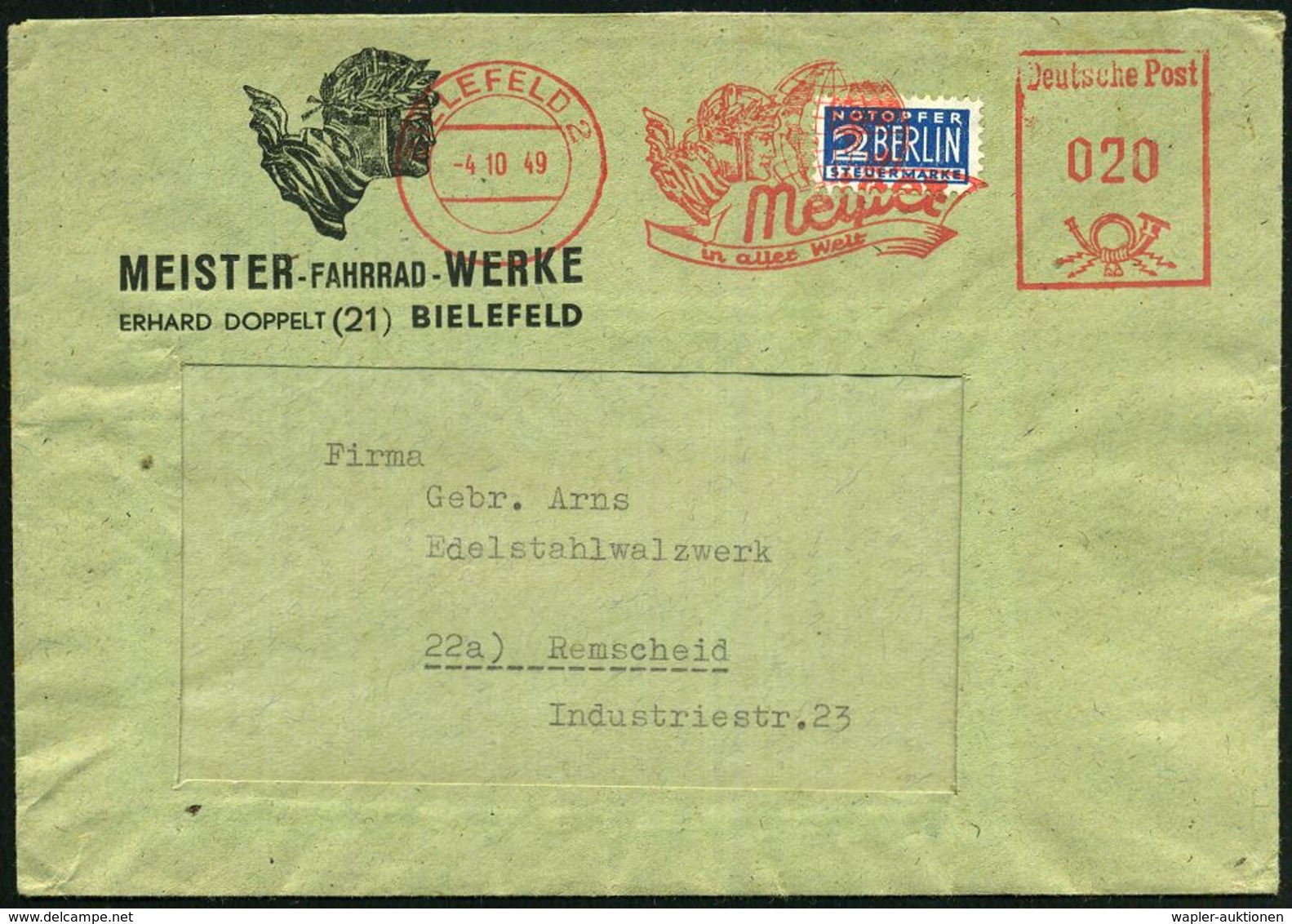 BIELEFELD 2/ Meister/ In Aller Welt 1949 AFS = Radrennfahrerkopf (vor Globus) Auf 2 Pf.NoB (= VE), Motivgl. Reklame-Bf.: - Radsport