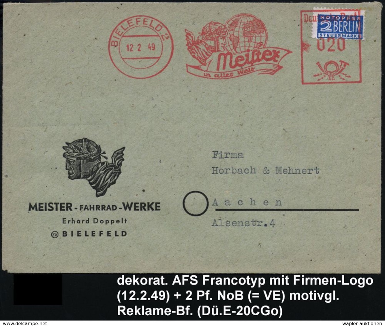BIELEFELD 2/ Meister/ In Aller Welt 1949 (12.2.) AFS = Radrennfahrerkopf (vor Globus) Auf 2 Pf.NoB (VE) , Motiv-ähnl. Fi - Radsport