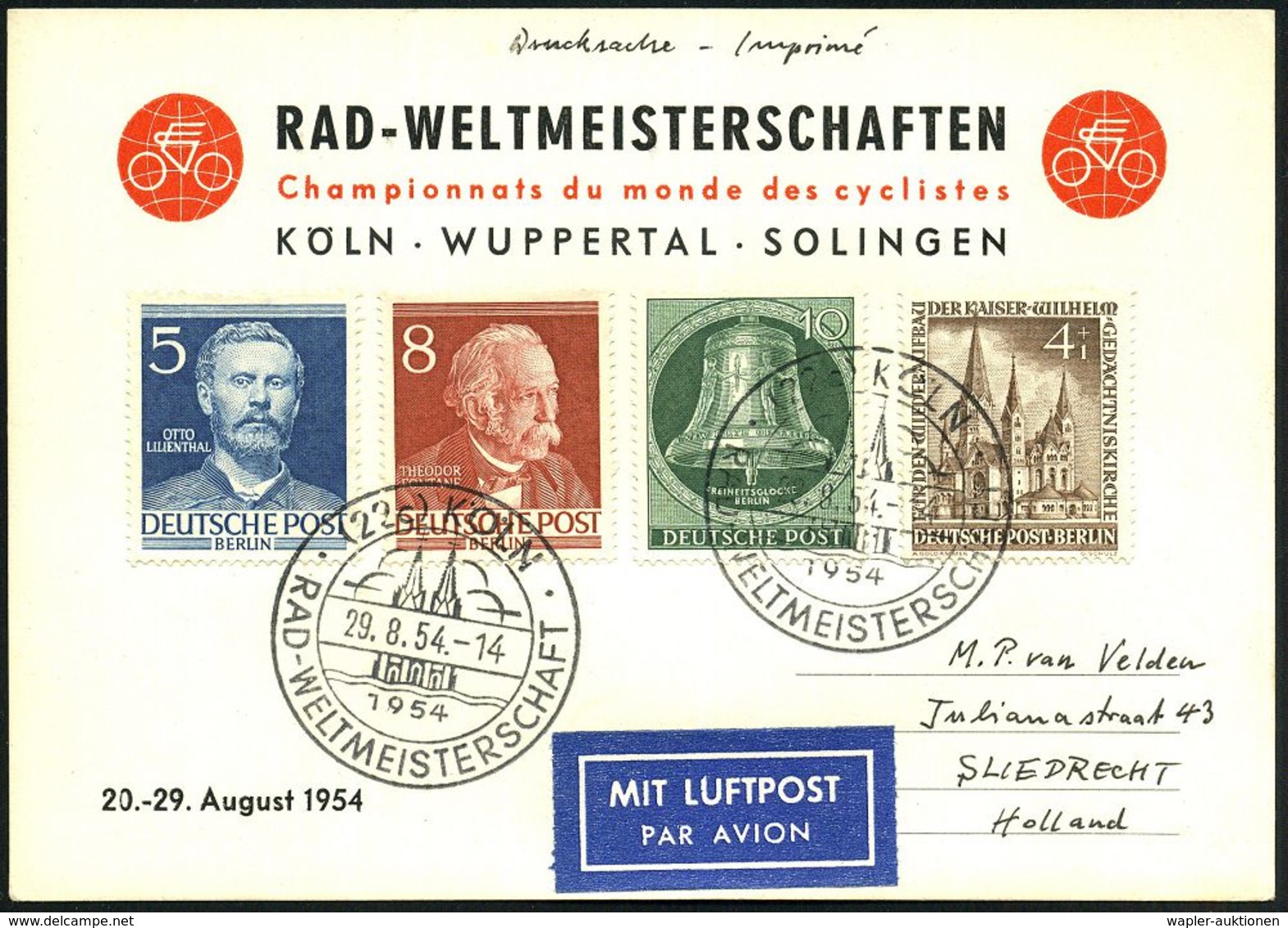 (22c) KÖLN/ RAD-WELTMEISTERSCHAFT 1954 (29.8.) SSt (Dom) 2x Klar Auf Zweifarbiger WM-Sonder-Kt. = Michaelis-Katalog Unbe - Cyclisme