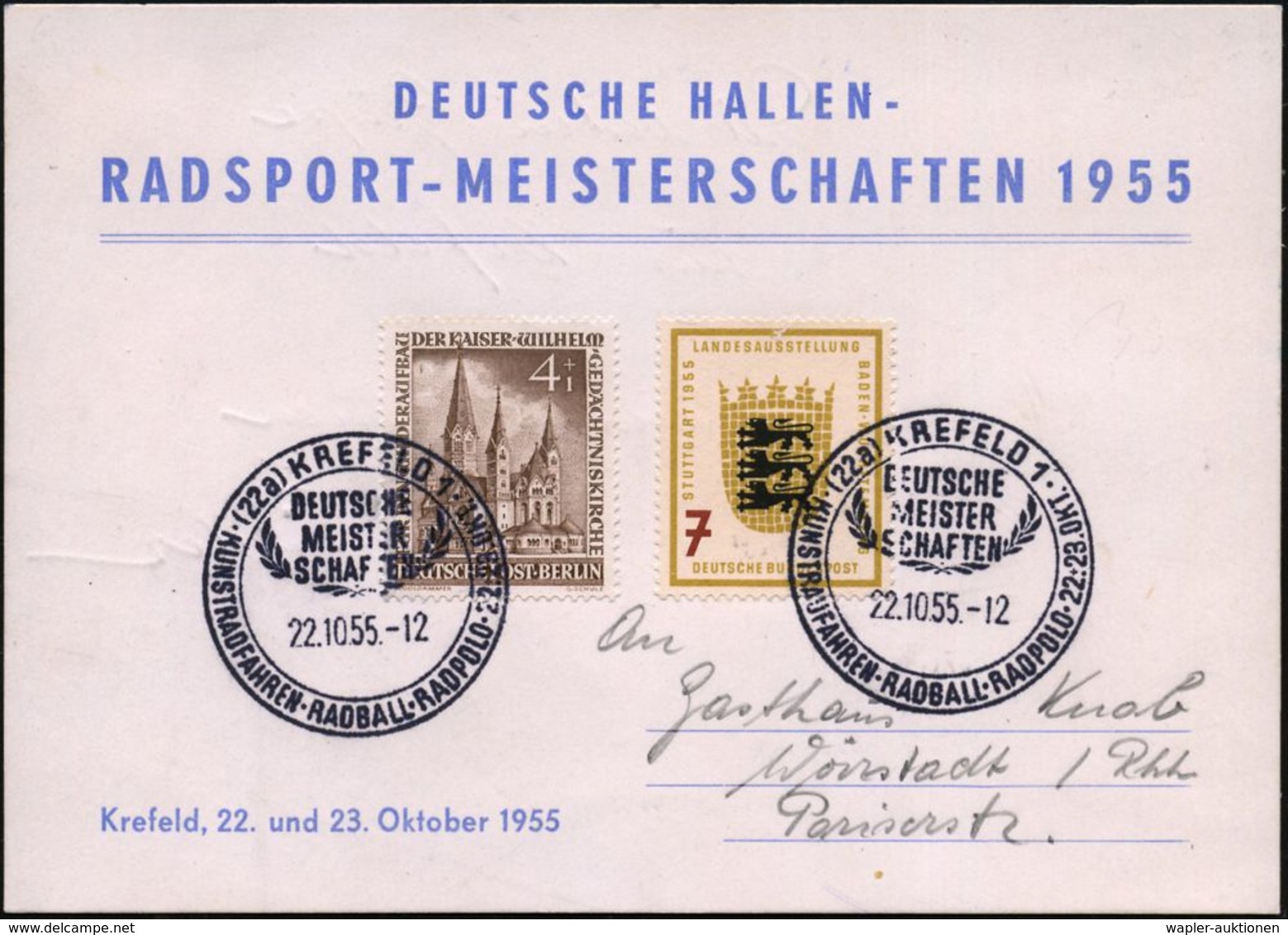 (22a) KREFELD 1/ DEUTSCHE/ MEISTER/ SCHAFTEN/ KUNSTRADFAHREN-RADBALL-RADPOLO 1955 (22.10.) Seltener SSt (Lorbeer) 2x Auf - Ciclismo